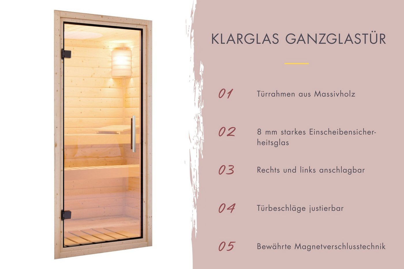 Thumbnail - Karibu Sauna "Leona" mit Klarglastür naturbelassen, BxTxH: 231 x 231 x 198 cm, 38 mm, aus hochwertiger nordischer Fichte