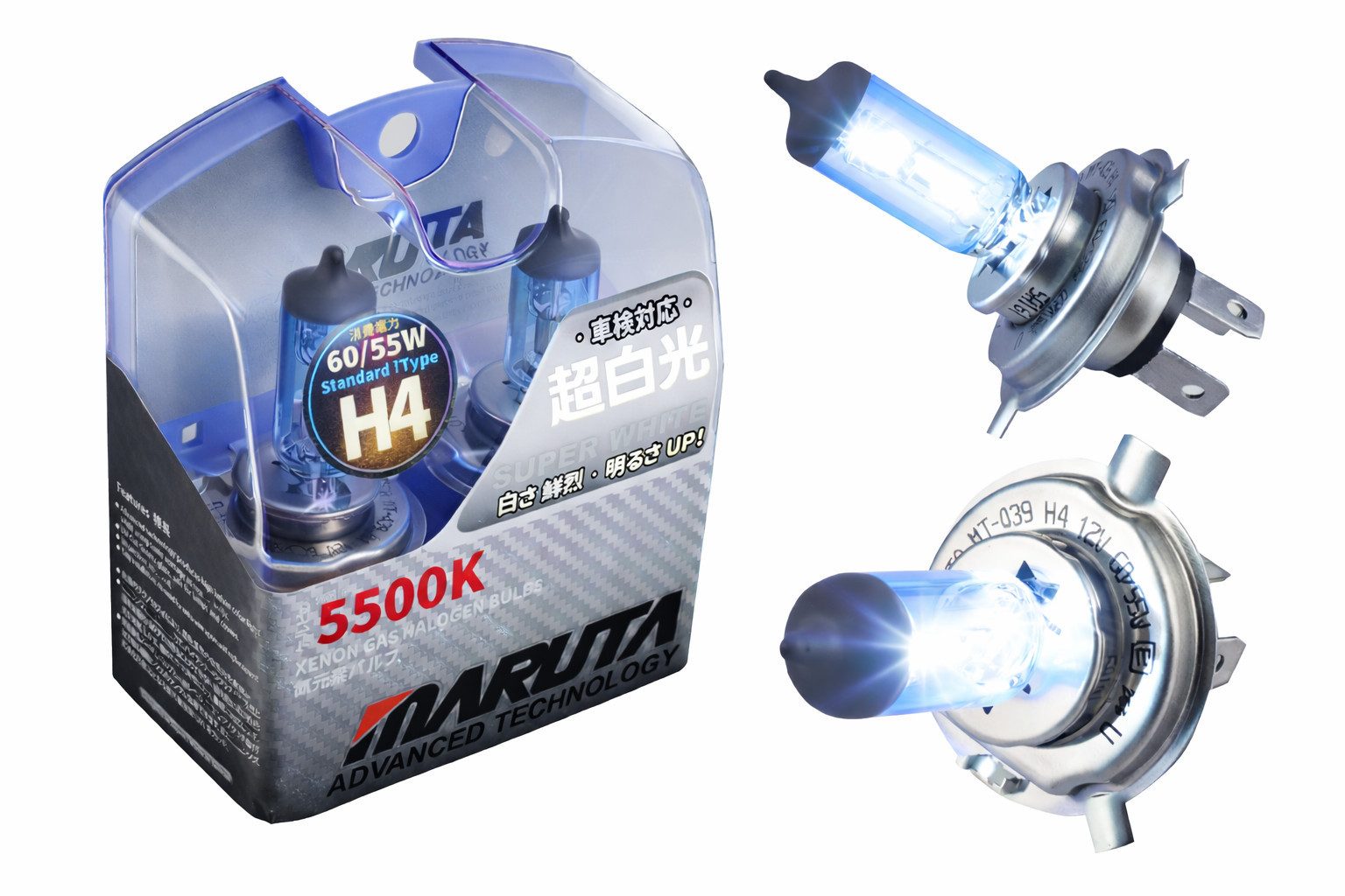 MARUTA KFZ-Ersatzleuchte Super White H4, P43t, Kaltweiß, H4 60/55W 5500K Xenon-Effekt Halogenlampe, Fernlicht & Abblendlicht