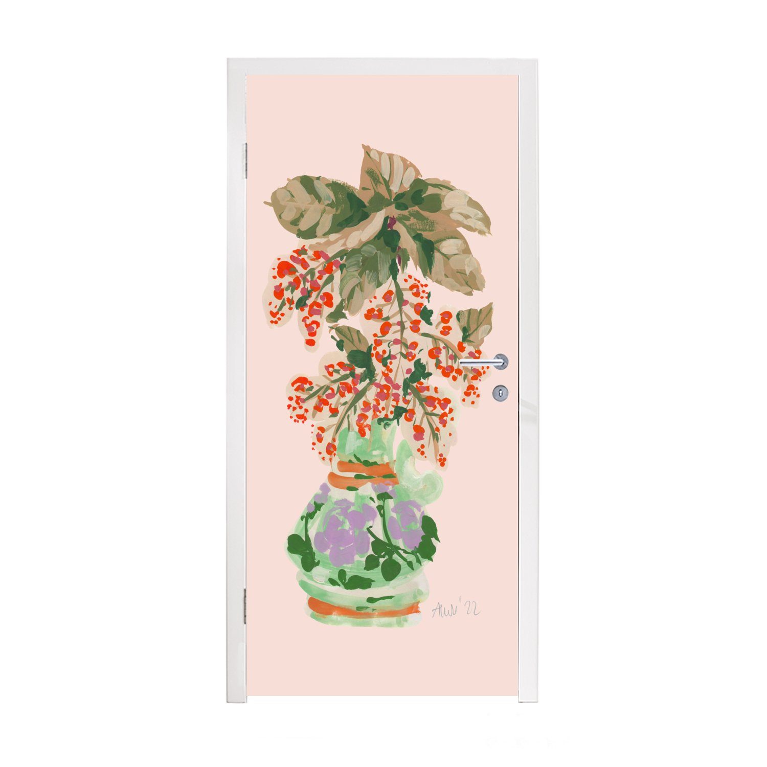 MuchoWow Türtapete Blumen - St), - (1 Pastell, Pflanzen Vase - bedruckt, Türaufkleber, Fototapete cm 75x205 für Matt, Tür