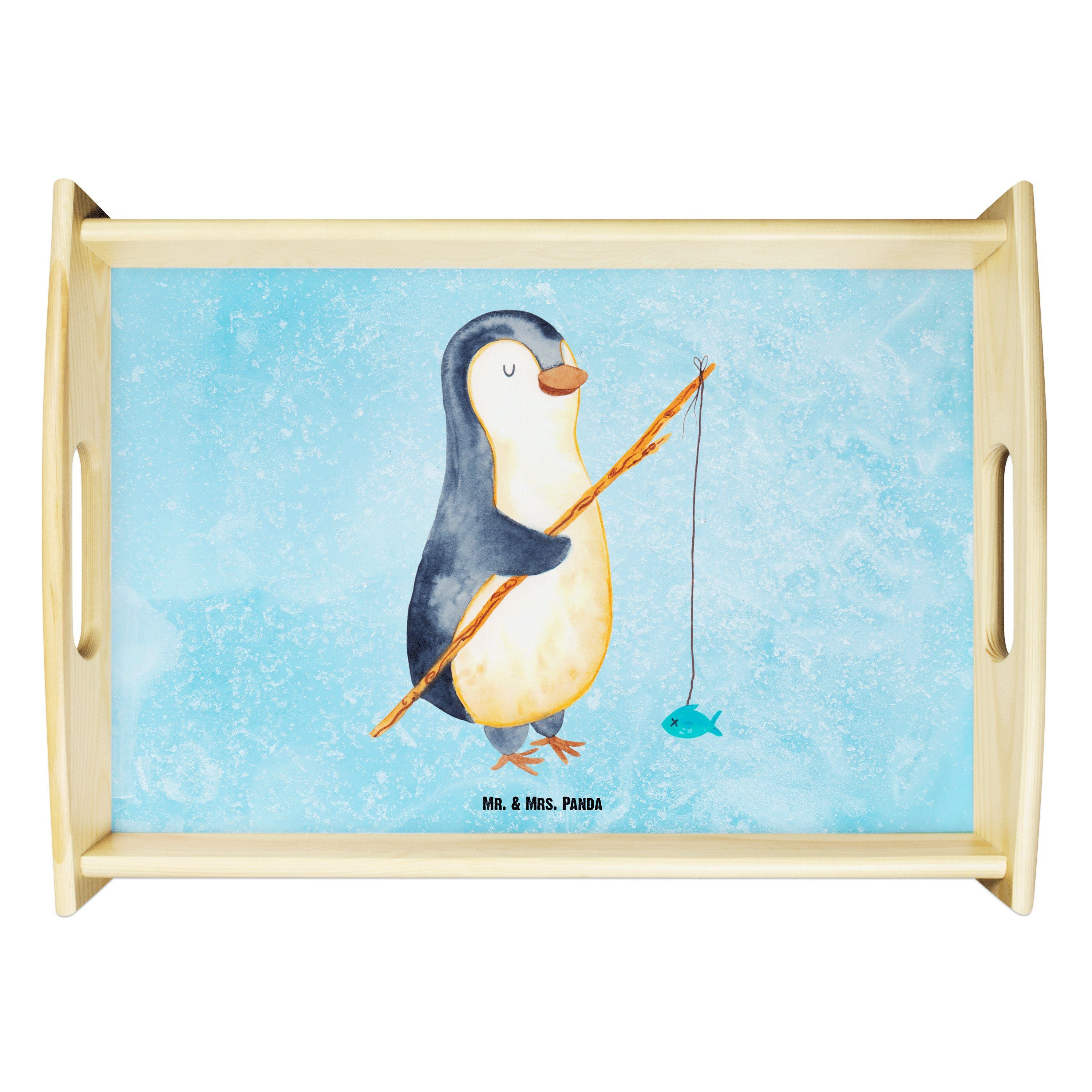 Mr. & Mrs. Panda Tablett Pinguin Angler - Eisblau - Geschenk, Dekotablett, Tablett, Tagträume, Echtholz lasiert, (1-tlg)