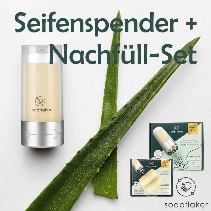 Soapflaker Seifenspender feste Handseife Silber + Nachfüll-Set Aloe Vera Seife, Vegan & Umweltschonend