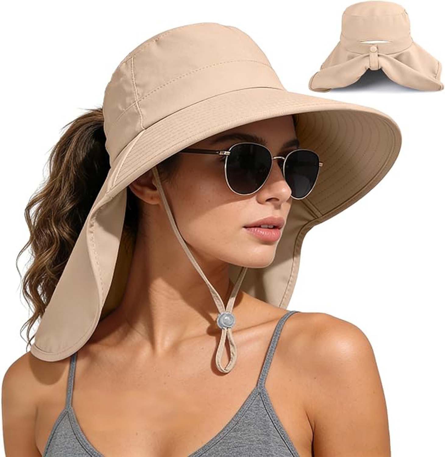 Oemmn Sonnenhut Sonnenhut für Damen mit Nackenschutz und Pferdeschwanzöffnung