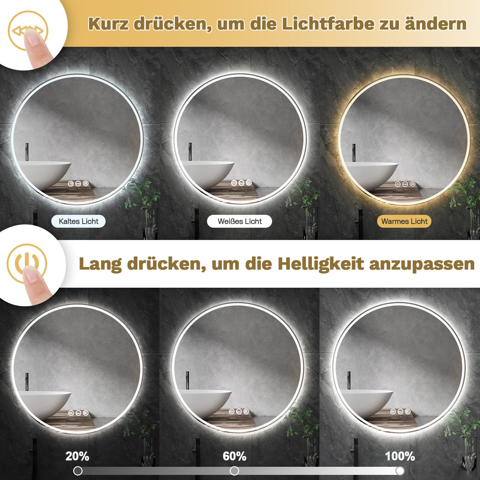 Yorbay Badspiegel Badspiegel Rund mit Beleuchtung LED Knopfschalter, Antibe günstig online kaufen