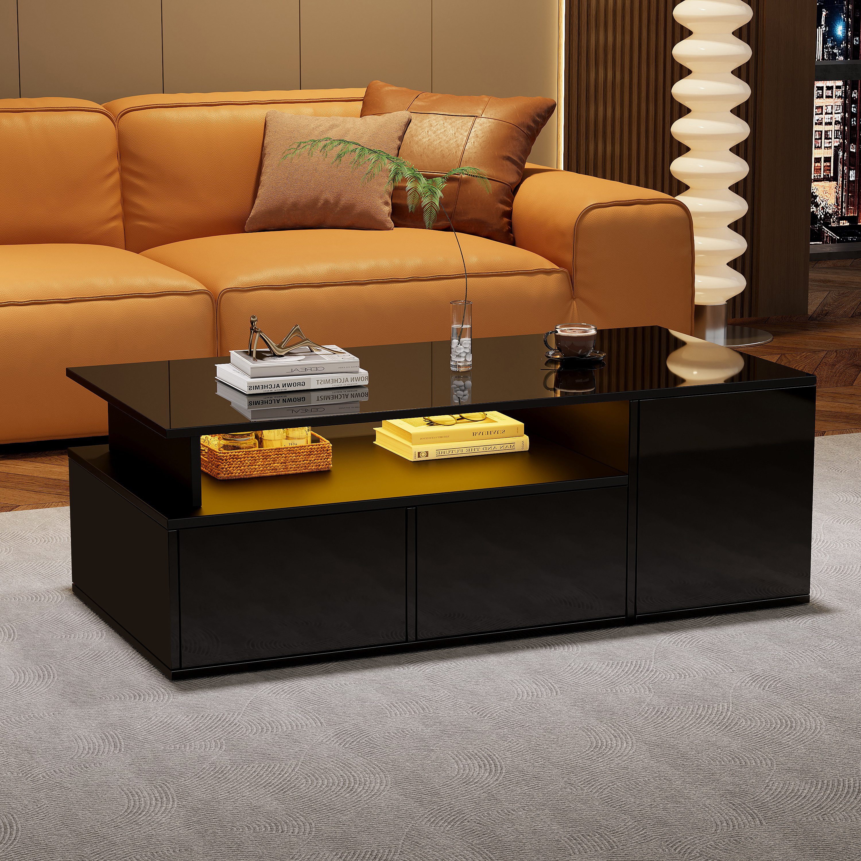 Merax Couchtisch hochglanz Sofatisch Beistelltisch mit LED-Beleuchtung (App-gesteuerter Beleuchtung, 1-St., 100x50x35cm), Beistelltisch Wohnzimmertisch mit 2 Sc – Bild 4 von 5