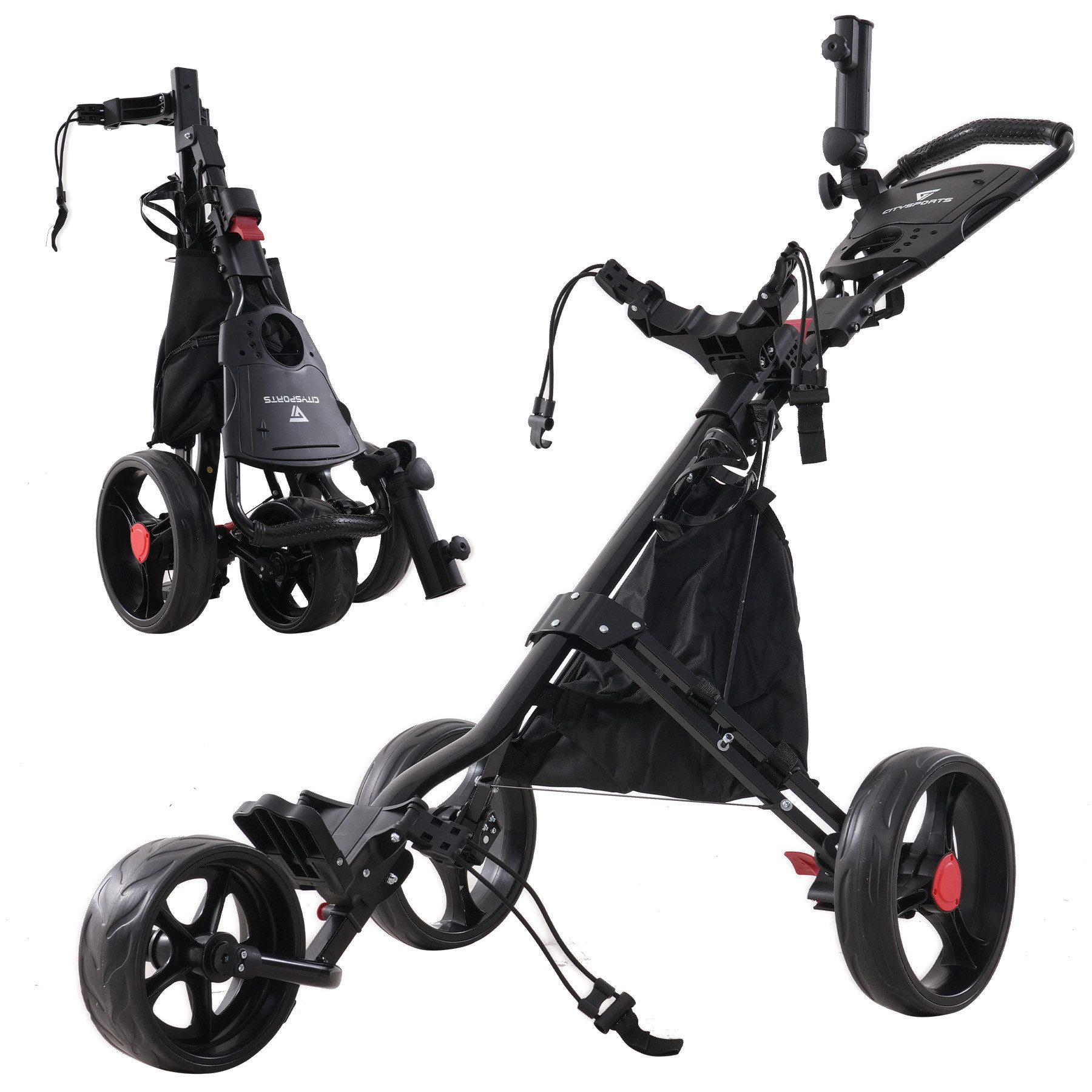 CITYSPORTS Golftrolley 3/4 Rad Golftrolley, Golfwagen klappbar, Golfcaddy mit Schirmhalter, Golfcaddy Golf Push Cart aus Aluminum, Erhältlich in Schwarz/Grün/Rot