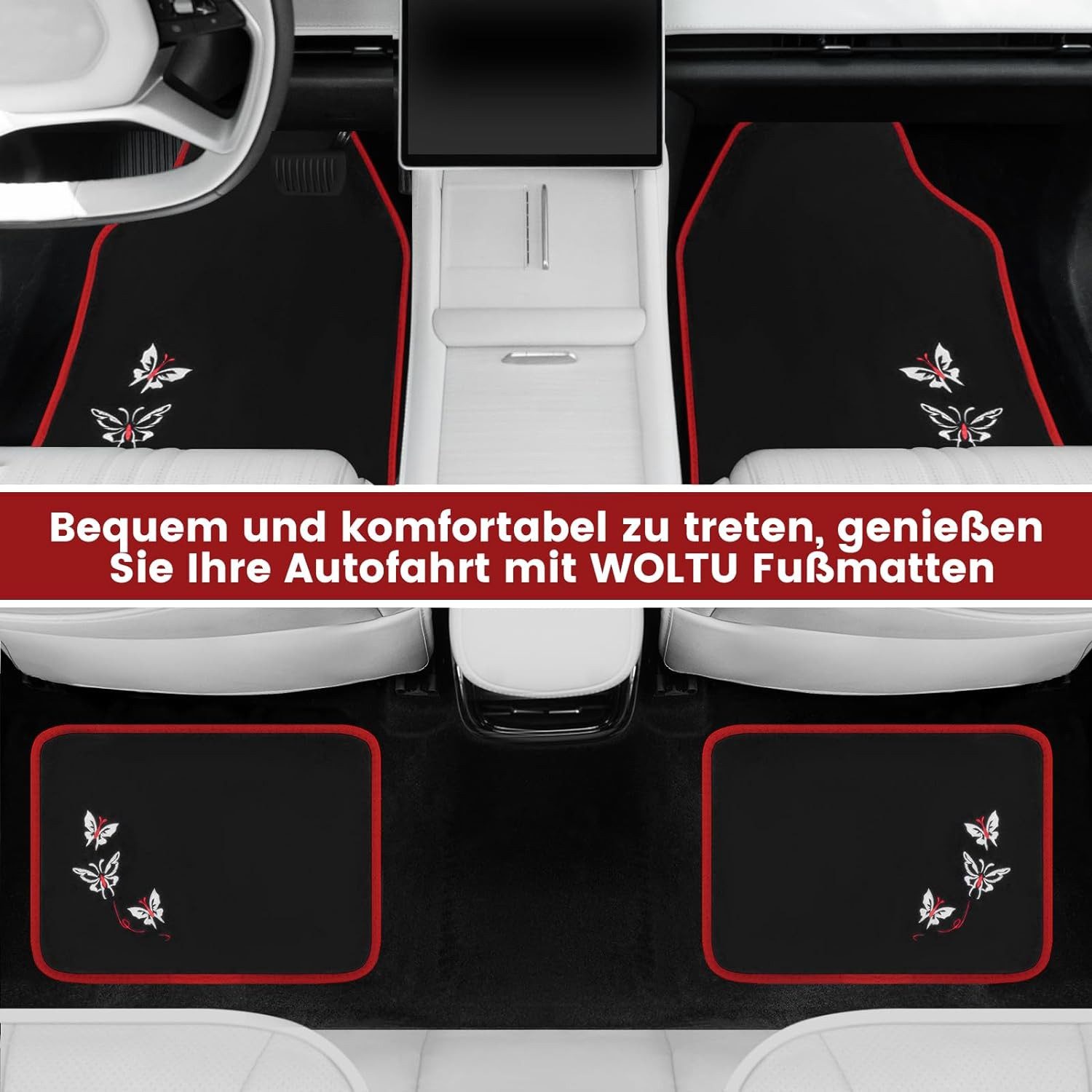 Woltu Auto-Fußmatten (4 St), Sie passen auf fast allen Pkw, Vans und Lkw., Universal Auto Teppich Stickerei Butterfly