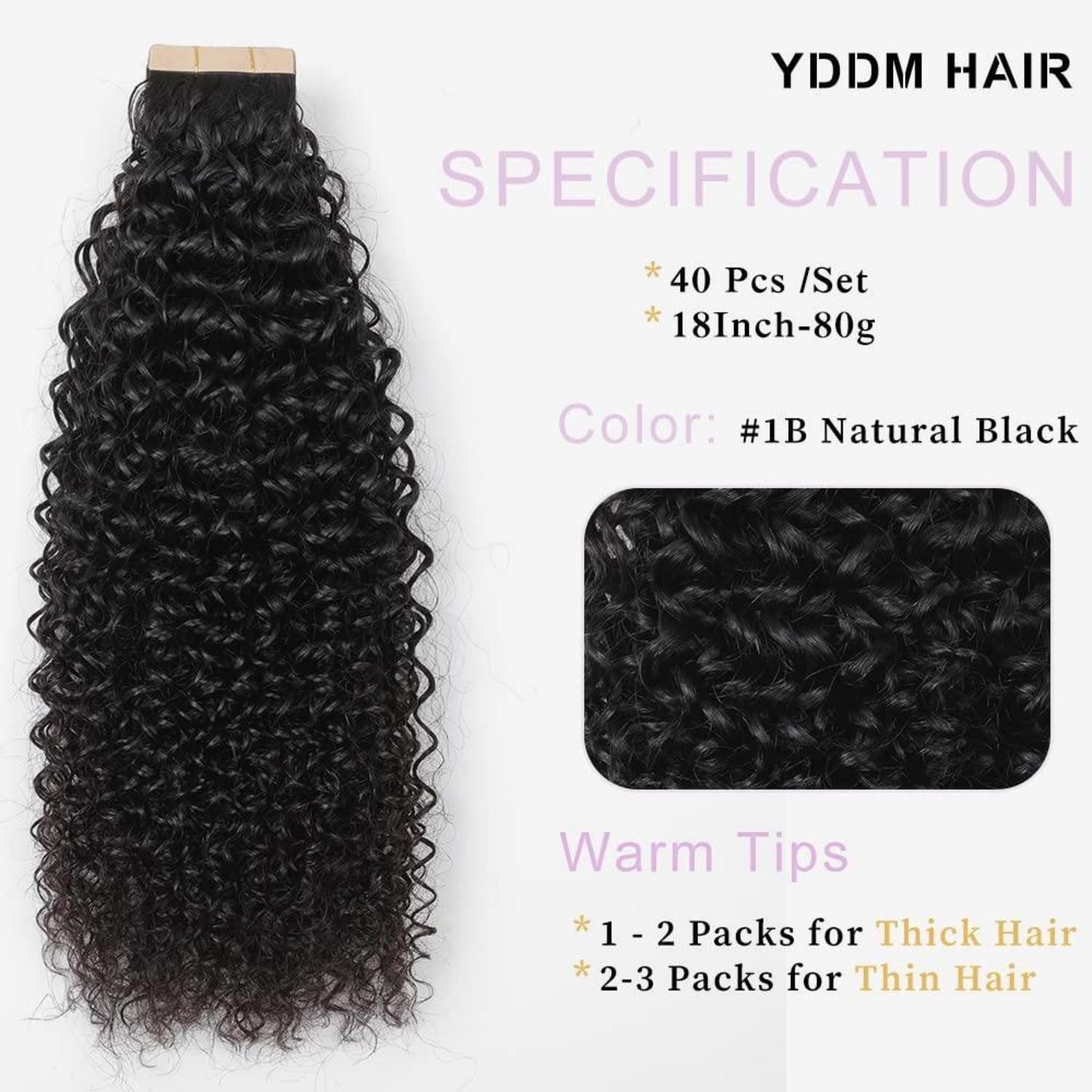 LuxusKollektion Echthaar-Extension Tape Extensions Echthaar Kinky Curly 1B# 18zoll-45.7cm(40er Pack)