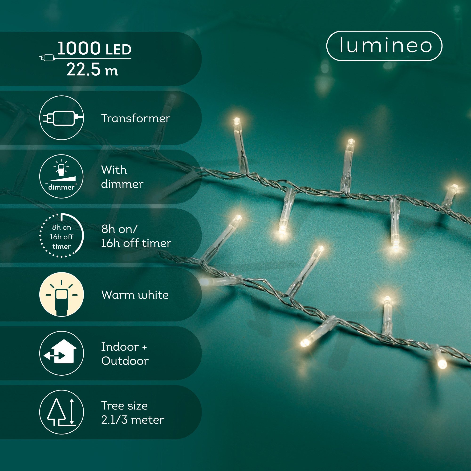 Lumineo LED-Lichterkette Lumineo Lichterkette COMPACT 1000 LED 22,5 m warm weiß, transp. Kabel, Indoor/Outdoor, dimmbar, 8h-Timer, 5 m Zuleitung