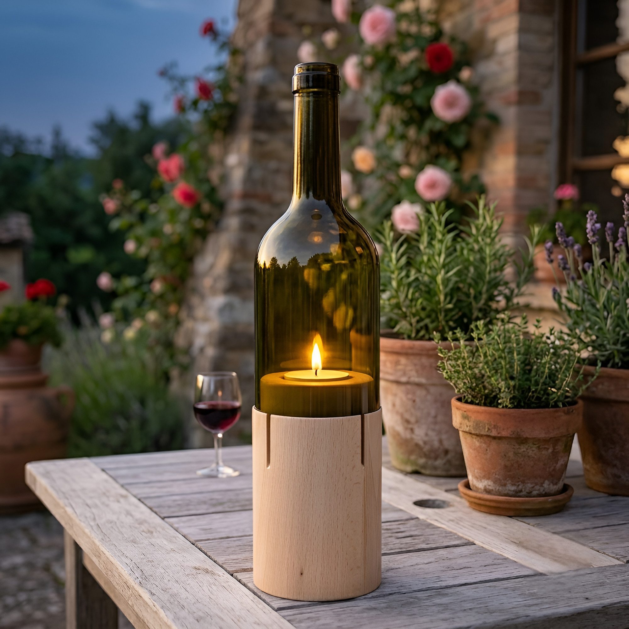 Upglassic Windlicht Teelichthalter aus echter Weinflasche & Buchenholz – Elegantes Unikat (1x Upcycling-Windlicht (7,5 x 30 cm) Tischdeko), Upcycling-Glas aus alten Weinflaschen