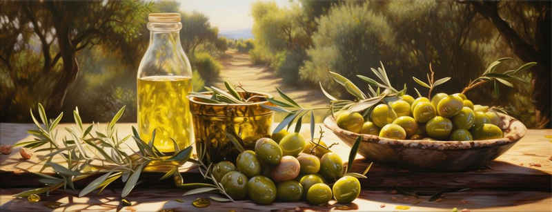 artissimo Glasbild Glasbild 80x30cm Bild aus Glas Küche Küchenbild grün mediteran, Essen und Trinken: Oliven / Olivenöl / Wein