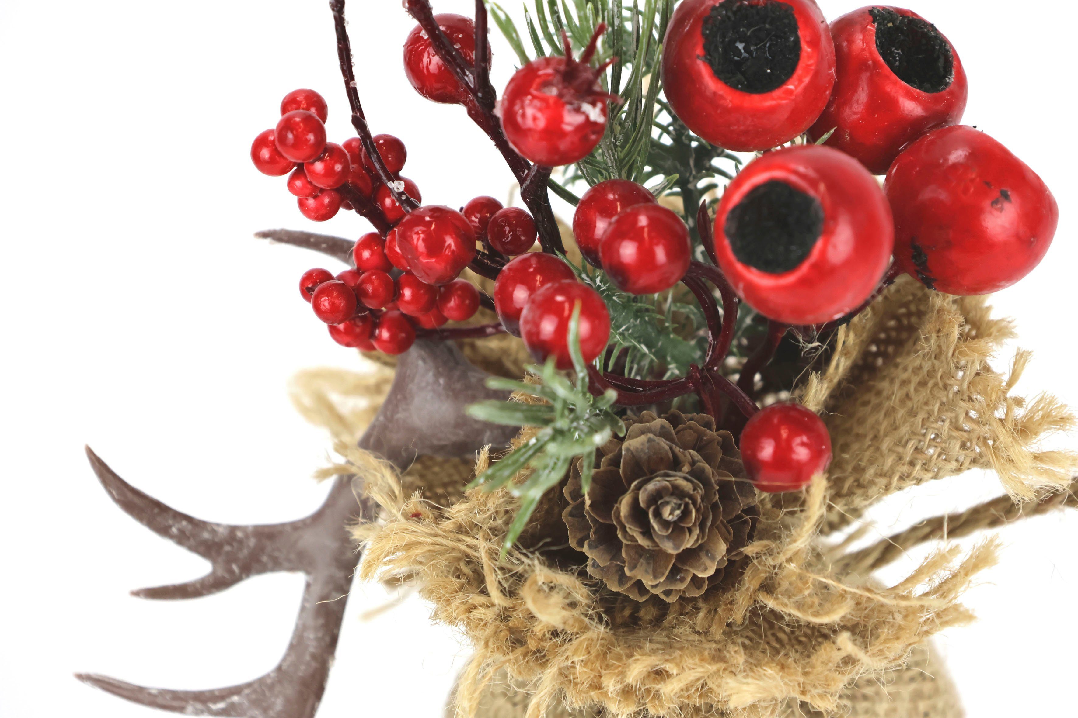 Winterliche Kunstpflanze Weihnachtsgesteck in Jute, Weihnachtsdeko im 2er  Set, Tanne, I.GE.A., Höhe 20 cm, Kunstblumen-Arrangement 1x mit Horn und 1x  mit Hirsch