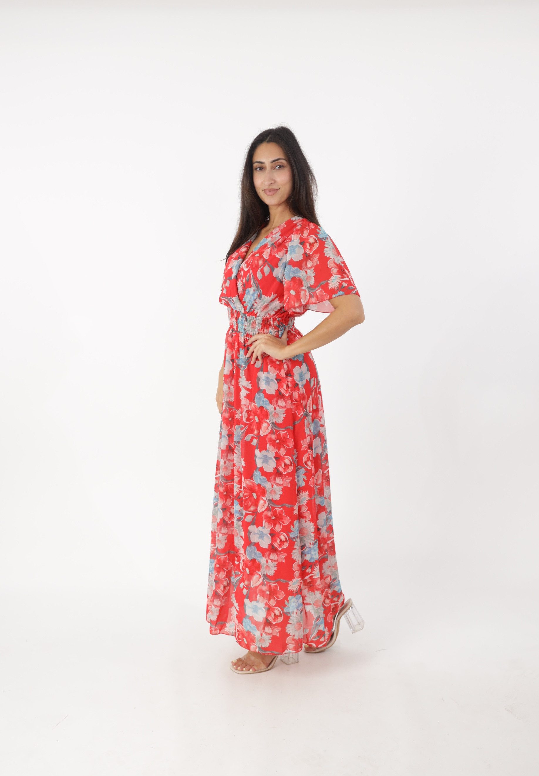 Elara Maxikleid — Damen Sommerkleid mit Blumenmuster, V-Ausschnitt und Volantärmeln