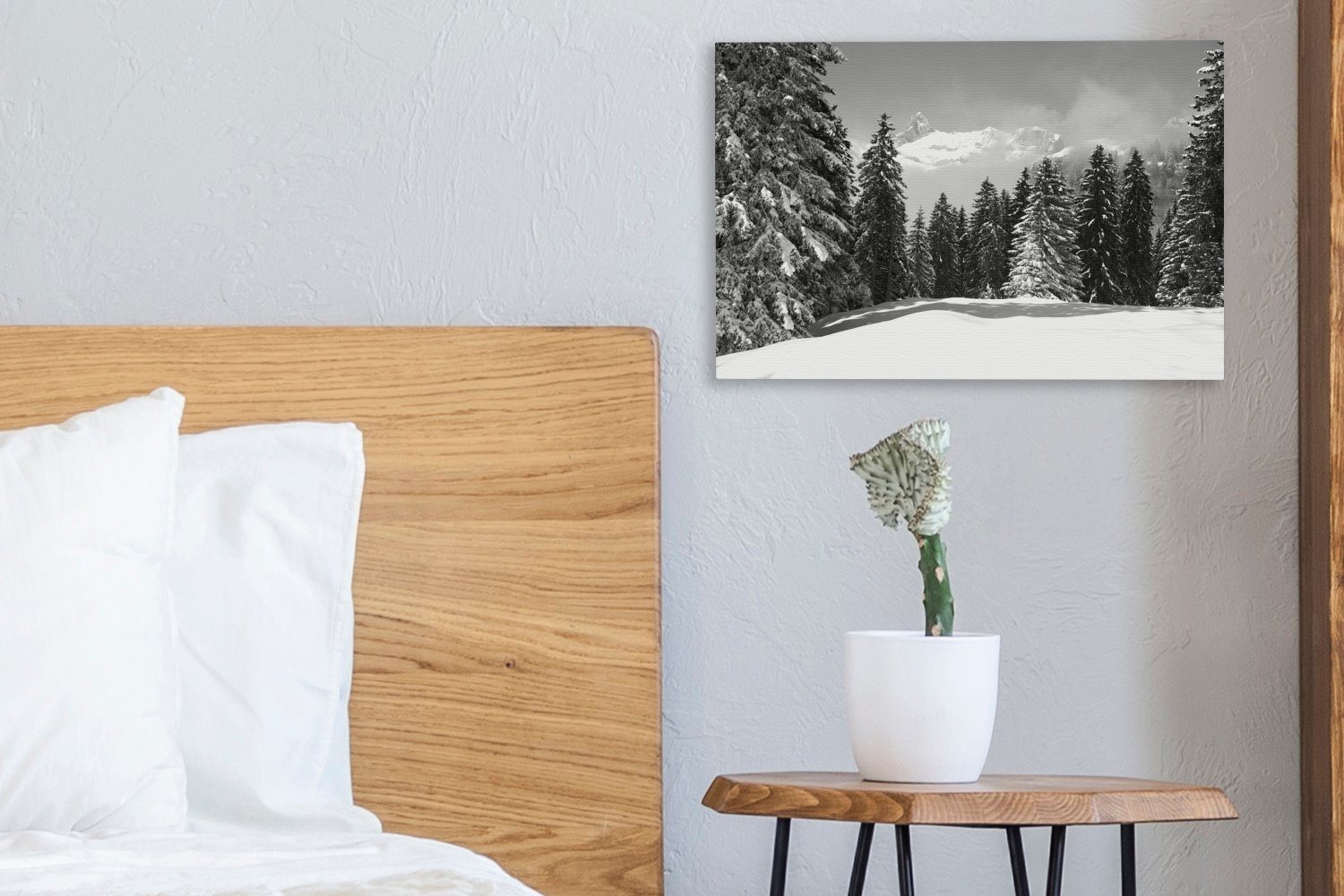 OneMillionCanvasses® Leinwandbild Die schneebedeckten Bäume 30x20 cm (1 in Bergen schaffen Aufhängefertig, den Leinwandbilder, Wanddeko, weihnachtliche, St), eine Wandbild