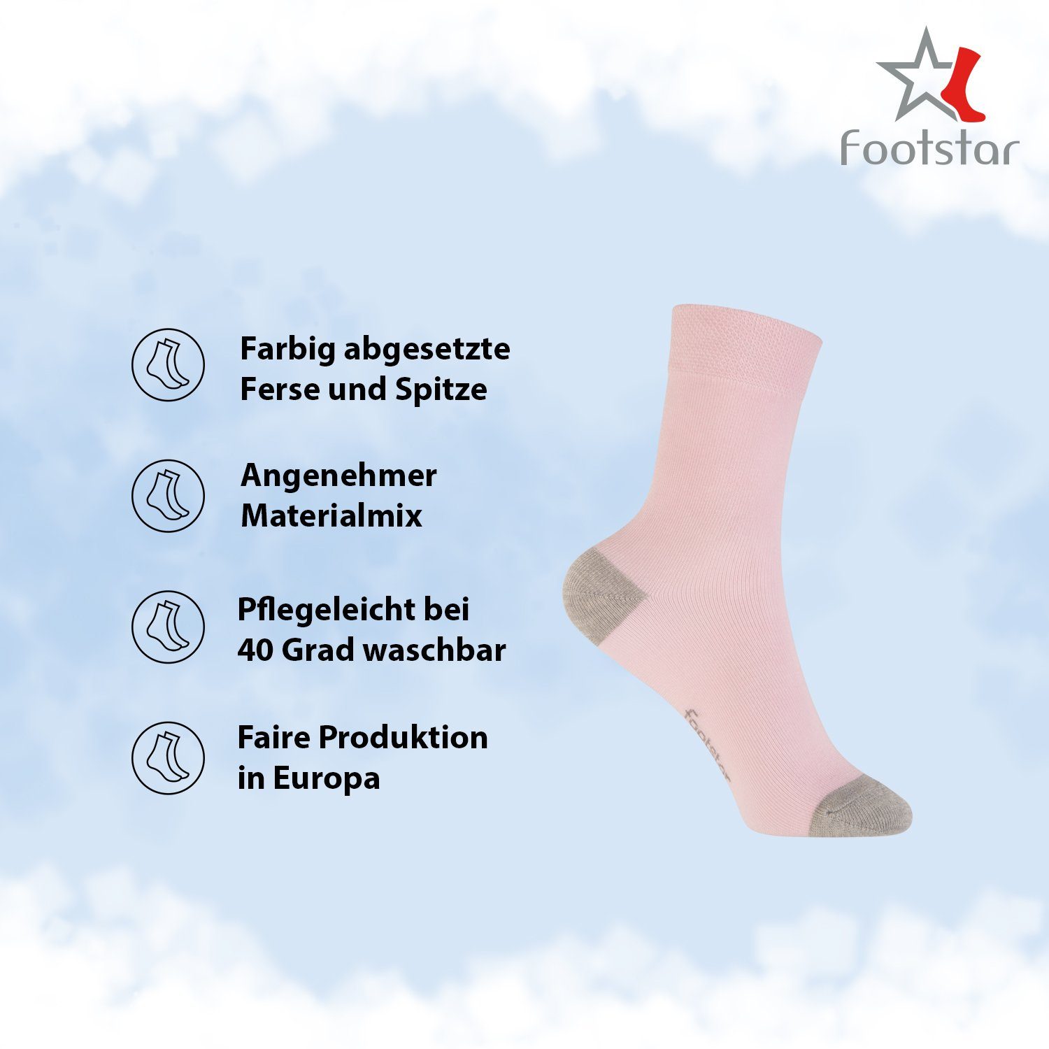 Footstar Basicsocken Kinder Baumwollsocken (10 Paar) Ferse & Spitze abgesetzt – Bild 2 von 4