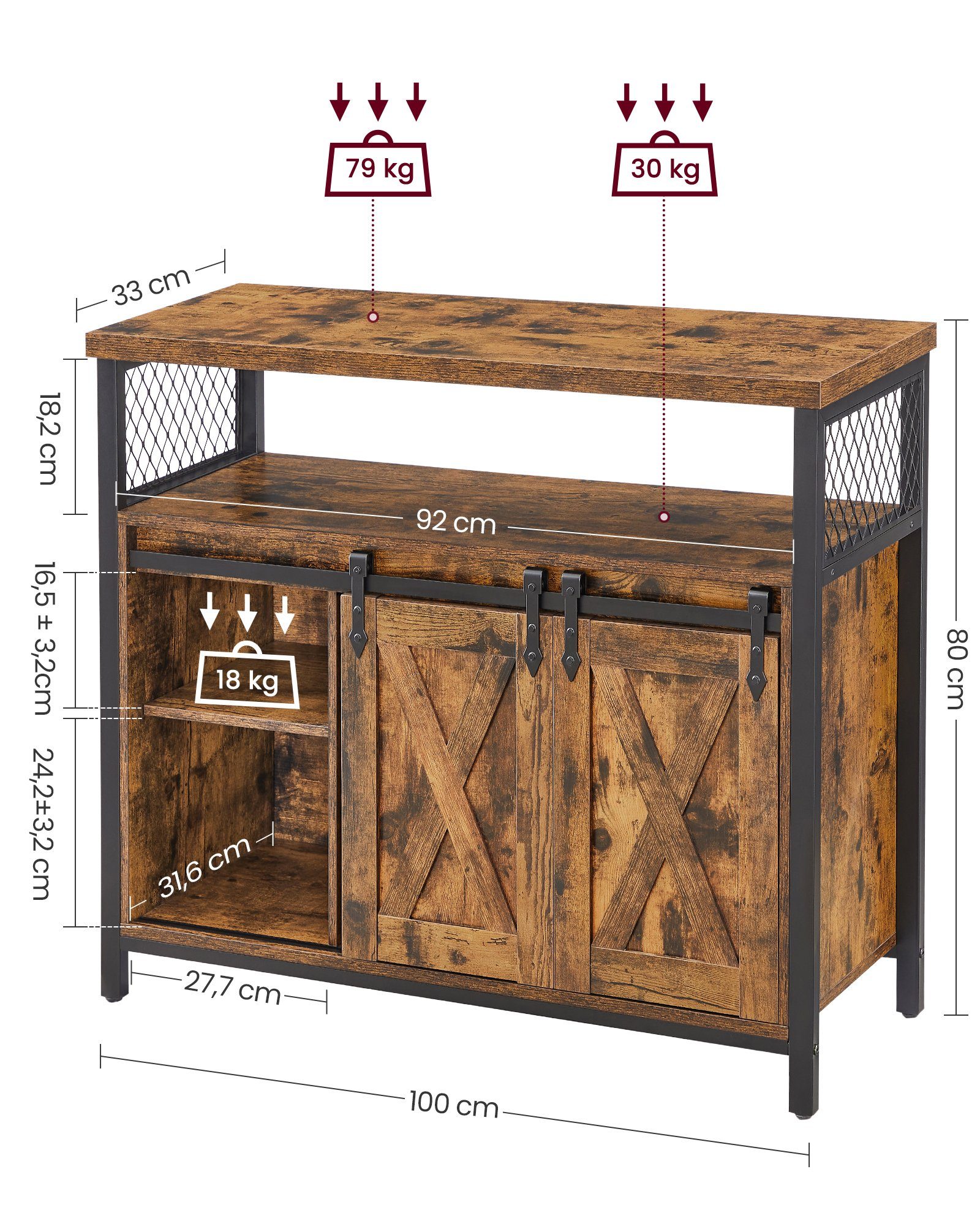 VASAGLE Buffet Sideboard Küchenschrank verstellbare Ablagen 33 x 100 x 80 cm, für Wohnzimmer, Landhausstil, mit 2 Schiebetüren – Bild 4 von 5