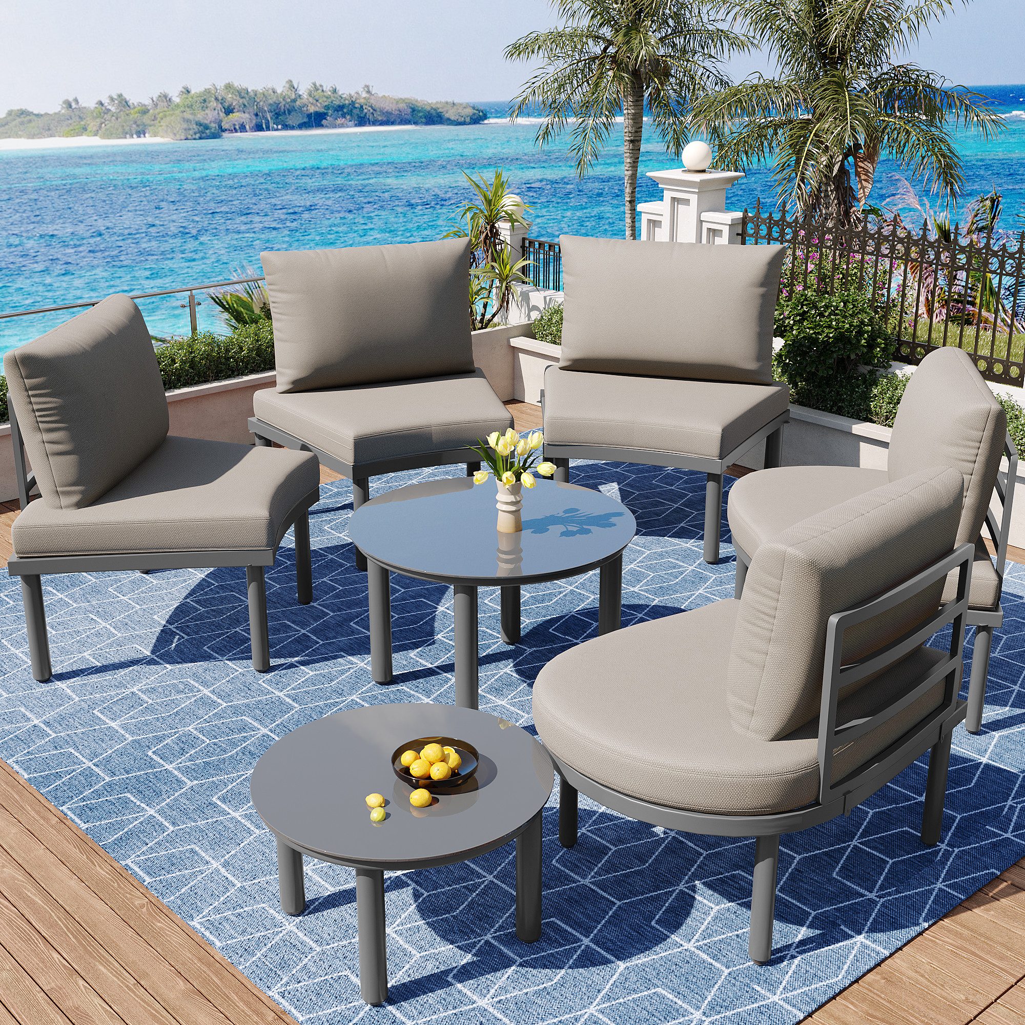 Flieks Gartenlounge-Set, 5-Sitzer Gartenmöbel abgerundetes Sofa, günstig online kaufen
