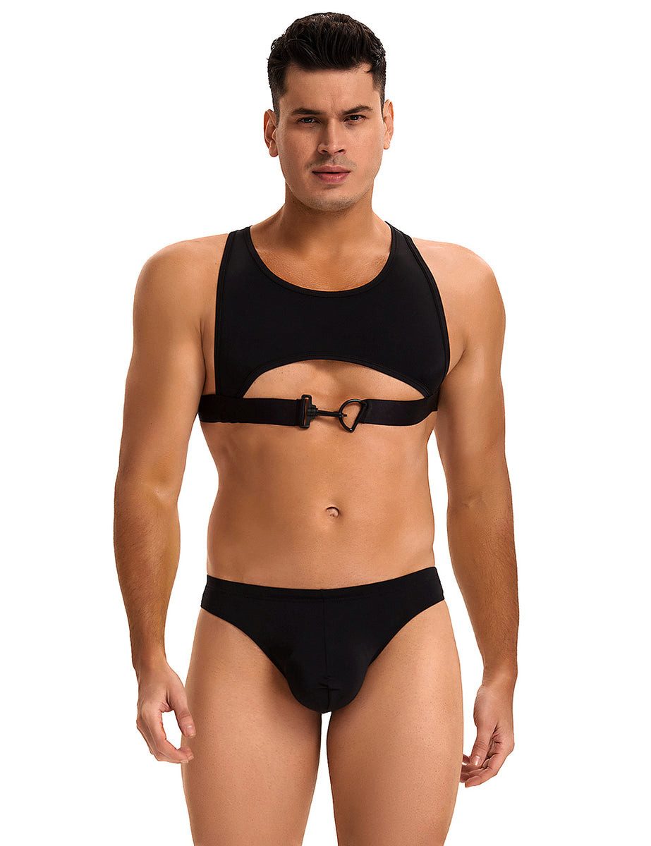 Lau-Fashion Boxershorts Herren Dessous Set Schwarz mit Harness-Top und Slip