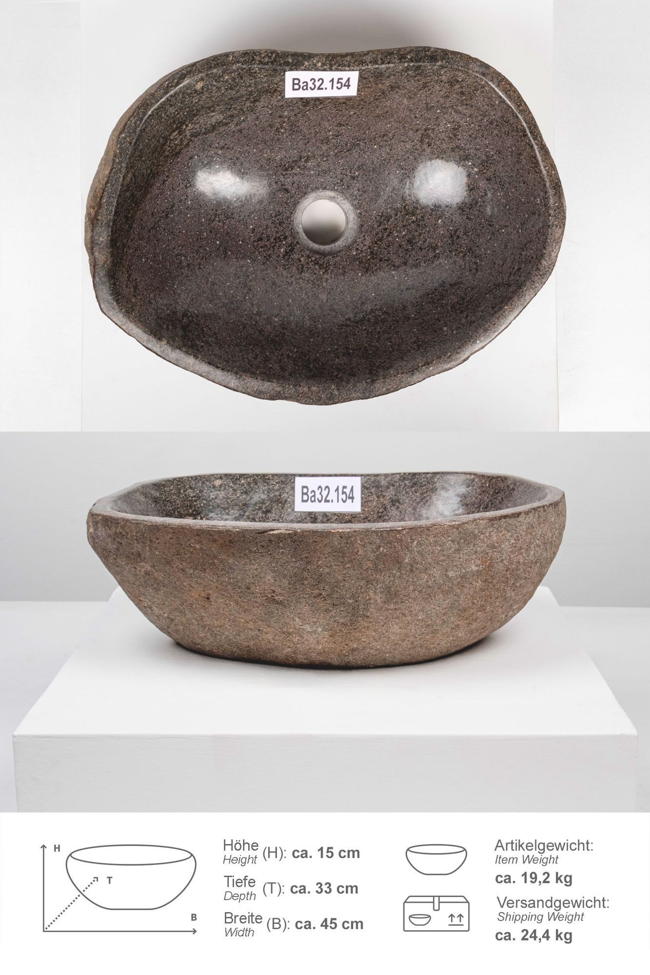 wohnfreuden Aufsatzwaschbecken Naturstein Waschbecken 40 cm (Kein Set), 210_Ba32.154