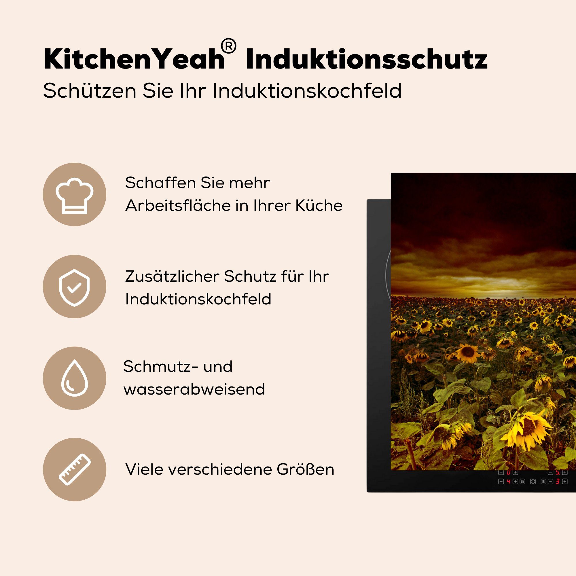 Herdblende-/Abdeckplatte dunklen MuchoWow Wolken, Sonnenblumen (1 Ceranfeldabdeckung, Vinyl, 78x78 tlg), zwischen küche Arbeitsplatte cm, für