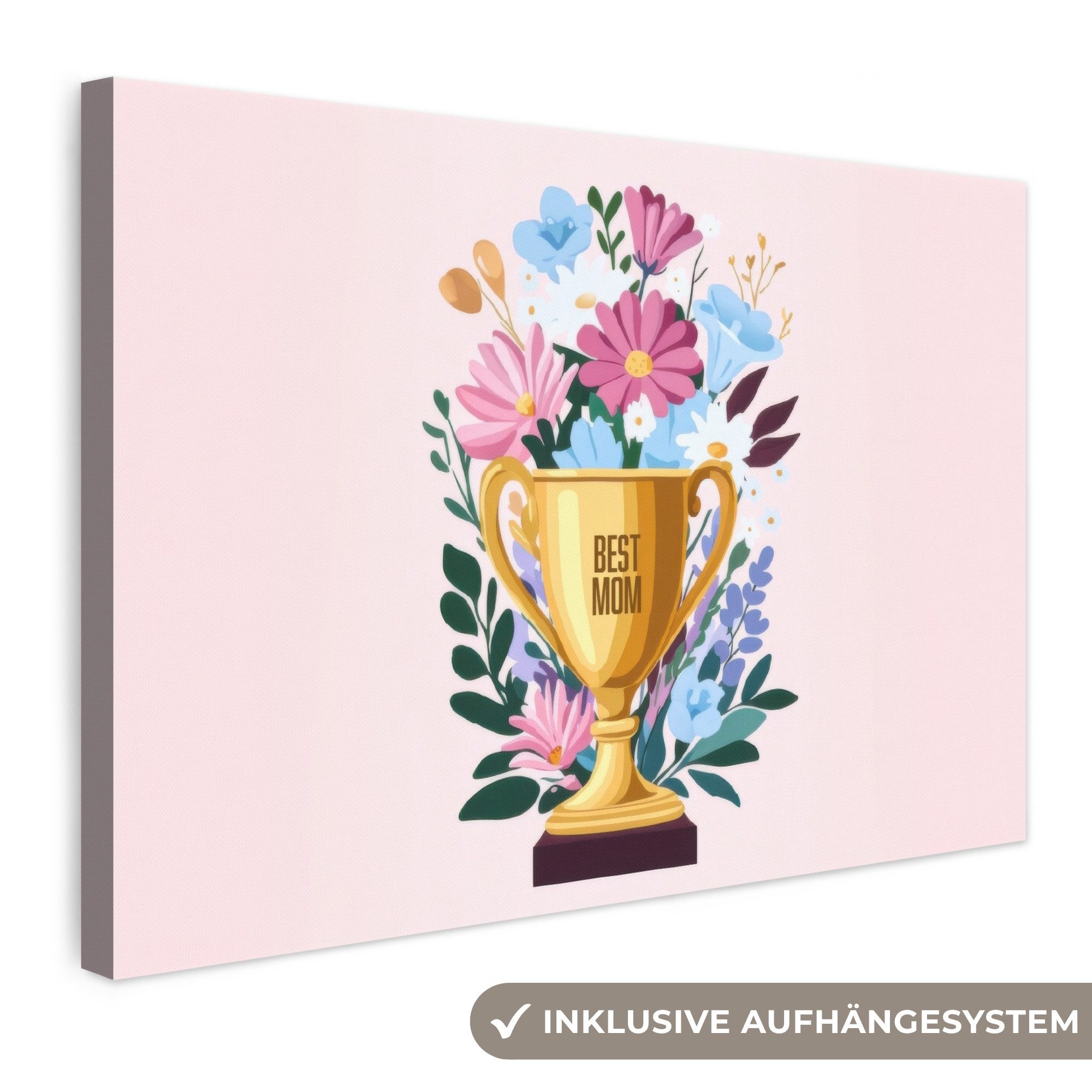 OneMillionCanvasses® Leinwandbild Trophäe - Beste Mutter - Blumen - Bunt, Fotodruck (1 St), Leinwand Bilder Klein, Wand Dekoration Aesthetic 30x20 cm