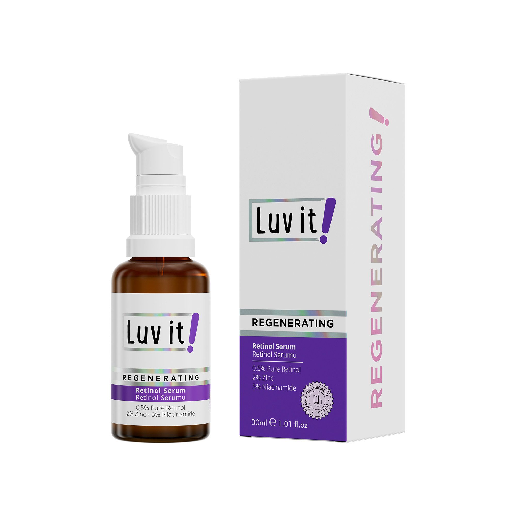 Luv it! Gesichtsserum Retinol Serum 0,5% mit Niacinamid und Zink, Regenerierendes Nachtserum mit 0,5% Retinol, Niacinamid & Zink