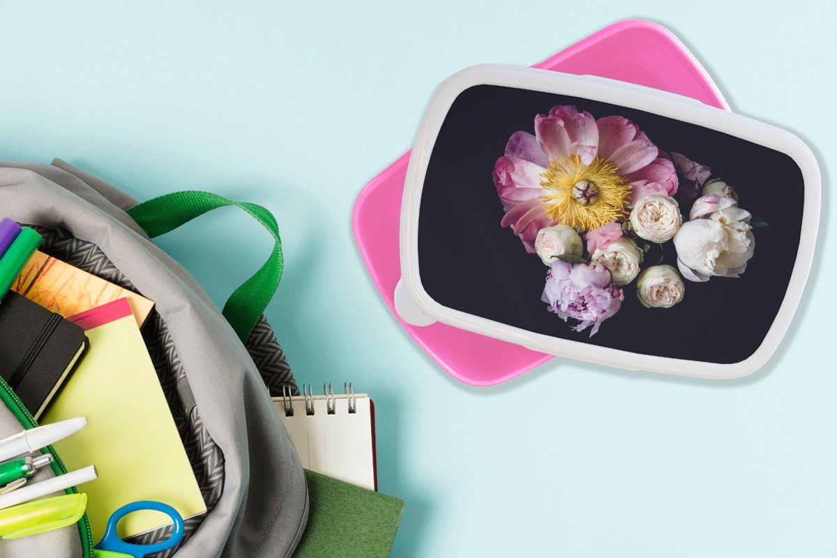MuchoWow Lunchbox Blumen - Rosa Kinder, Kunststoff, Pastell, Snackbox, Kunststoff Erwachsene, (2-tlg), Brotbox Brotdose - Mädchen, für