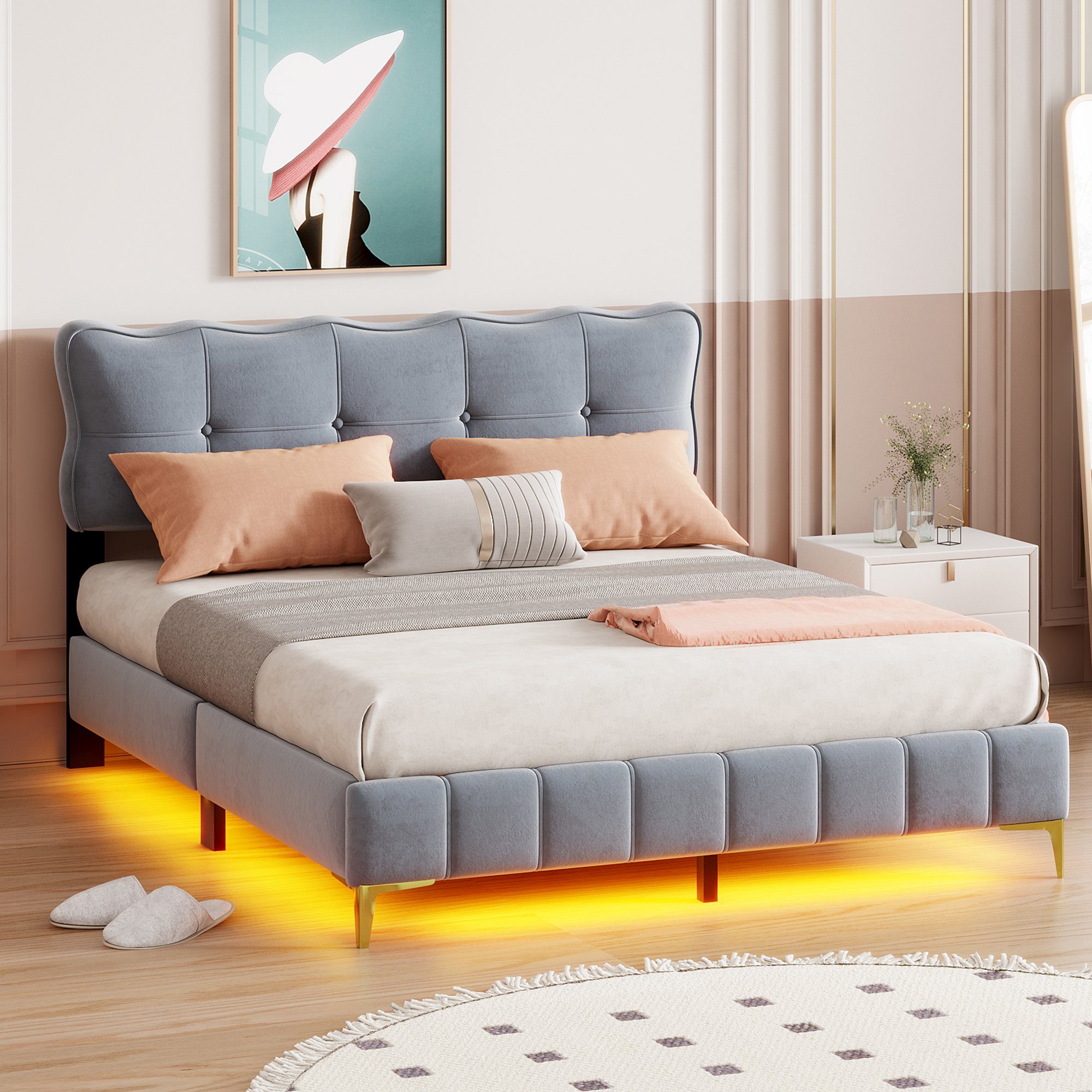 Polsterbett, LED Doppelbett mit gepolstertem Kopf- & Fußteil, Samtstoff, 160x200cm