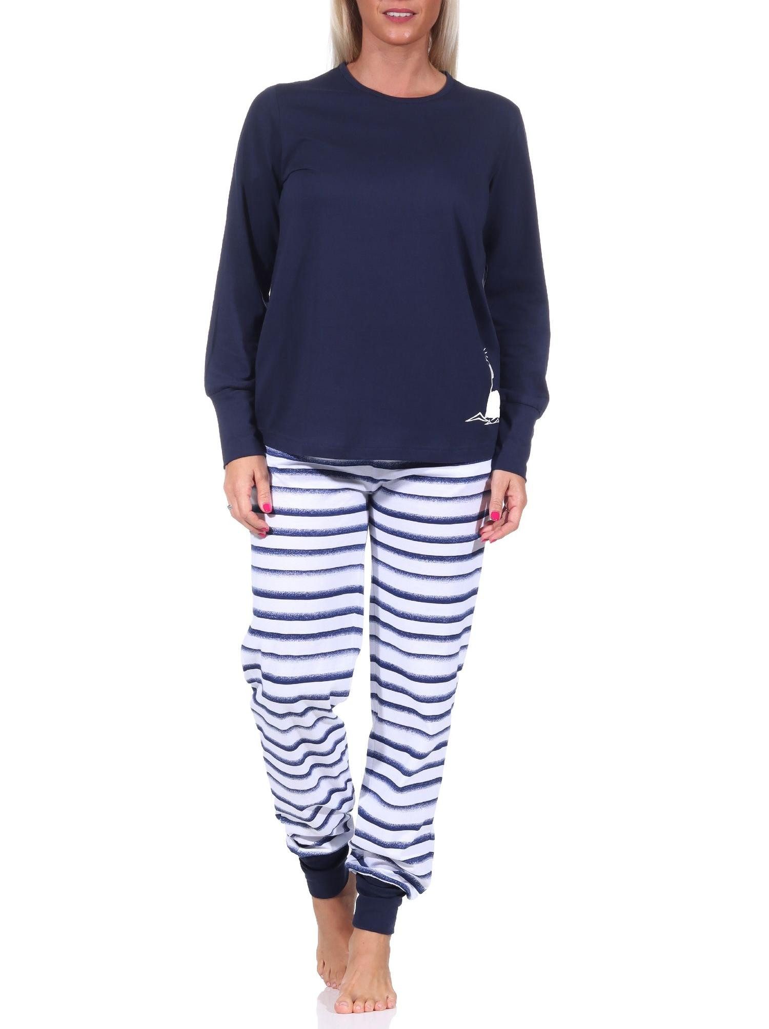 Normann Pyjama Maritimer Damen Schlafanzug mit Bündchen, Top mit Leuchturm Motiv