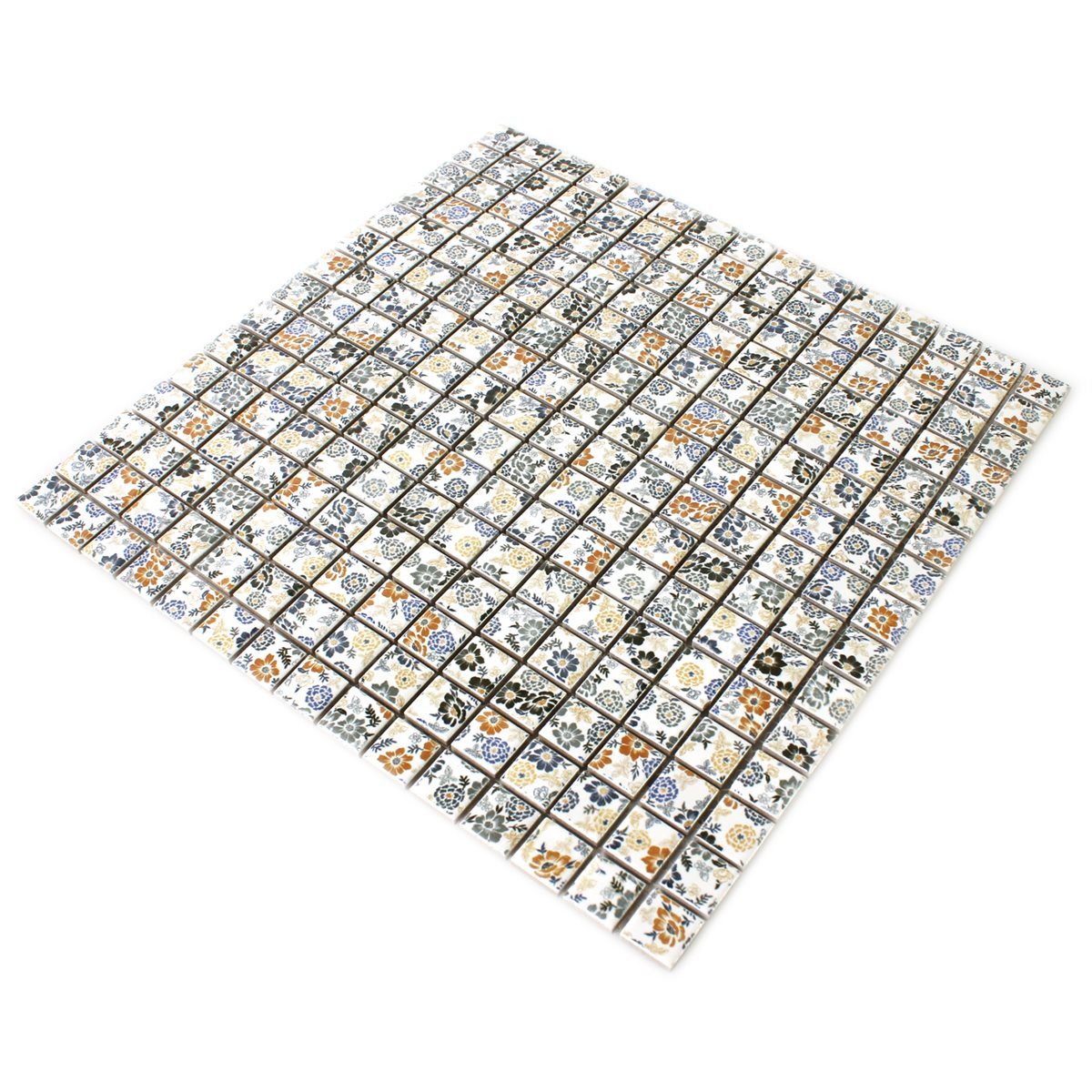 Mosafil Mosaikfliesen Mosaikfliesen Keramik Weiss Flower, Keramik 30.500x30.500, weiß-rot-blau-gelb, Verlegefertig auf ein Netz geklebt - Frostsicher - Wasserfest