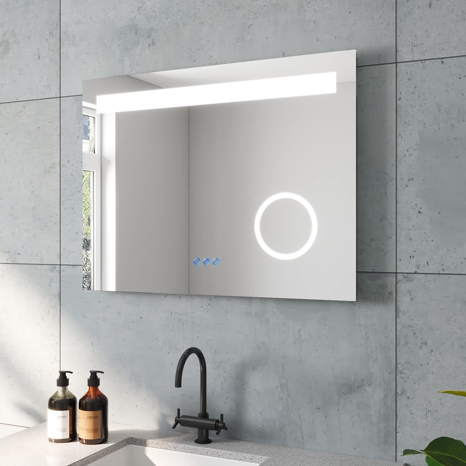 AQUABATOS Badspiegel LED Badspiegel mit Beleuchtung Lichtspiegel Wandspiegel, 3 Lichtfarben Kosmetikspiegel Beleuchtet Beschlagfrei Touch