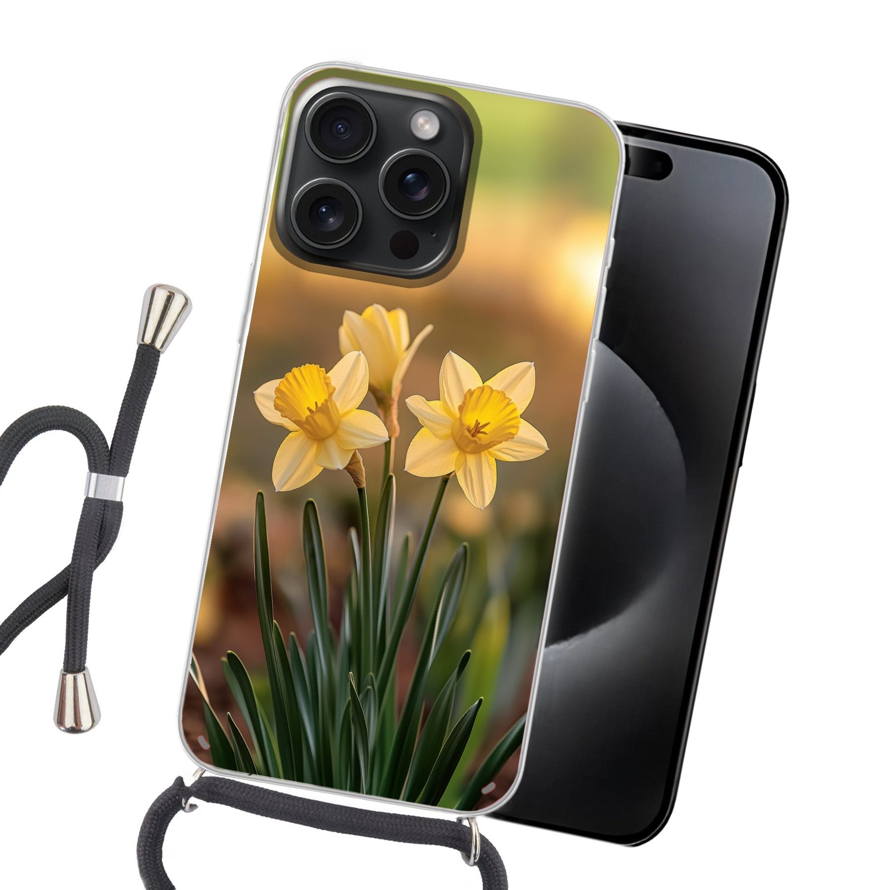 MuchoWow Handyhülle für Apple iPhone 15 Pro Blumen - Gelb - Unscharf, Tragbare Handyhüllen mit Kette zum umhängen, Handykette Handyband