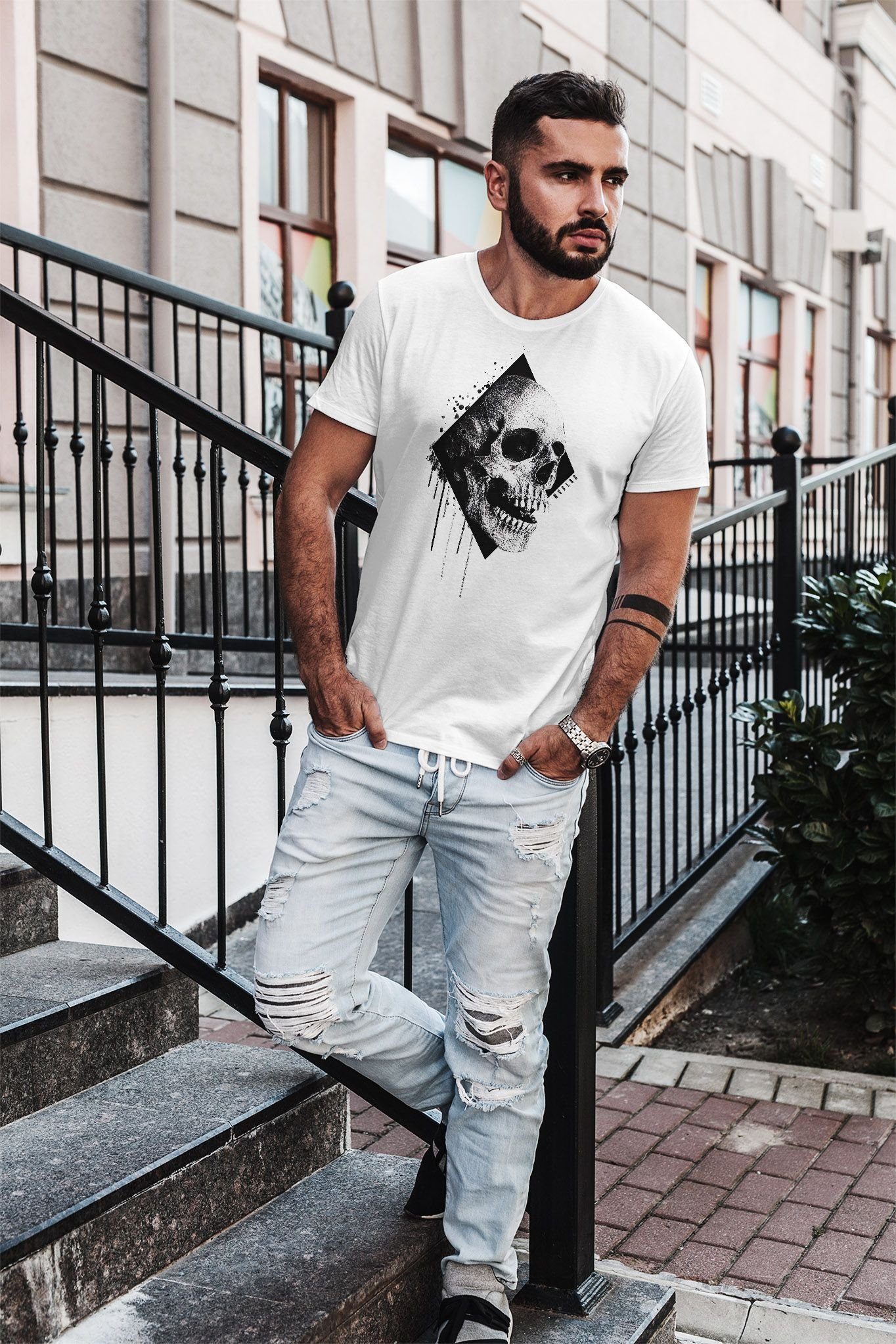 Print-Shirt mit Herren Print Skull Neverless® Slim T-Shirt Schädel Fit Totenkopf Neverless