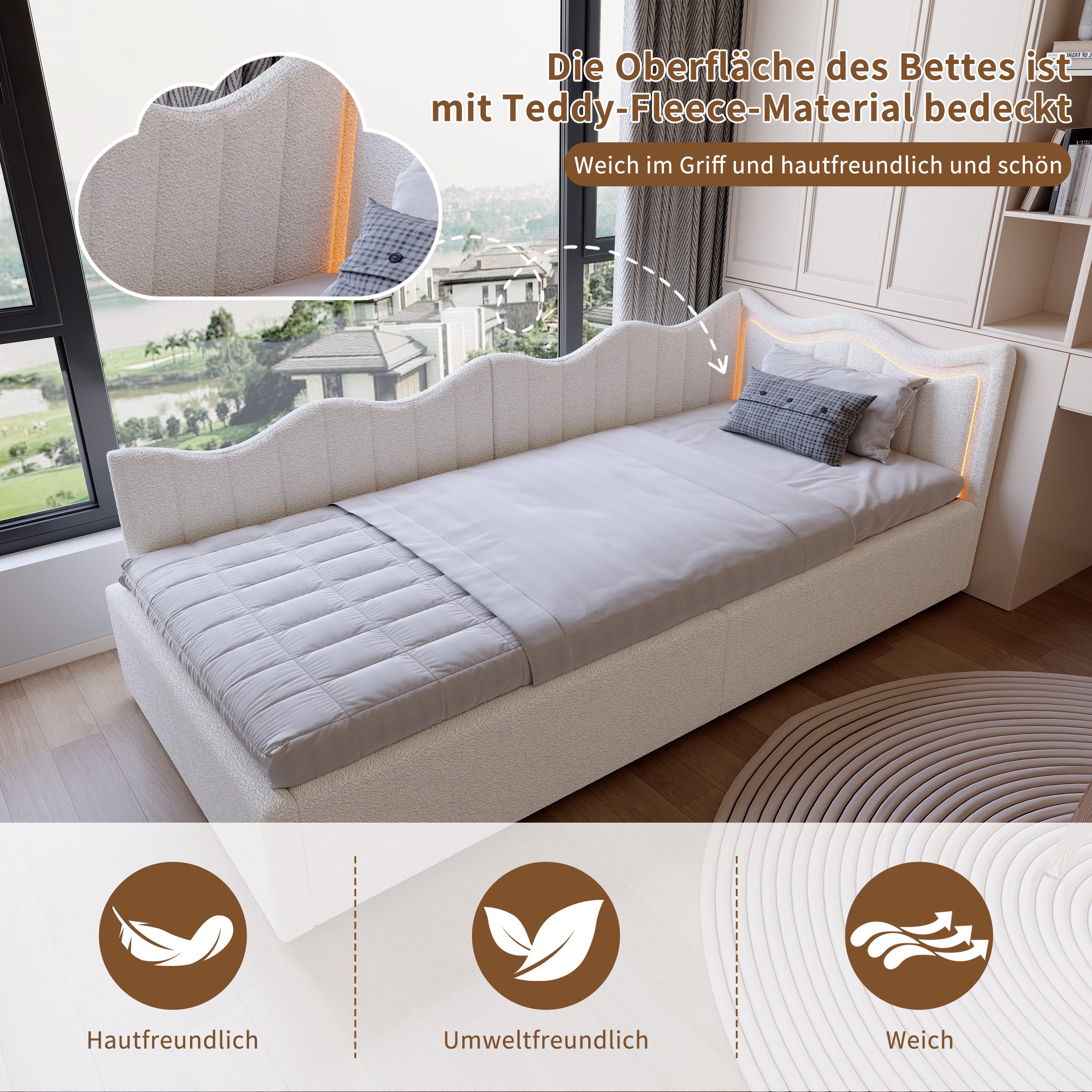 Simurq Daybett Schlafsofa 90x200 mit Bettkasten, kleines Schlafsofa, Mit LED und Lattenrost, wollähnlicher, Viskose-Bezug, Weiß