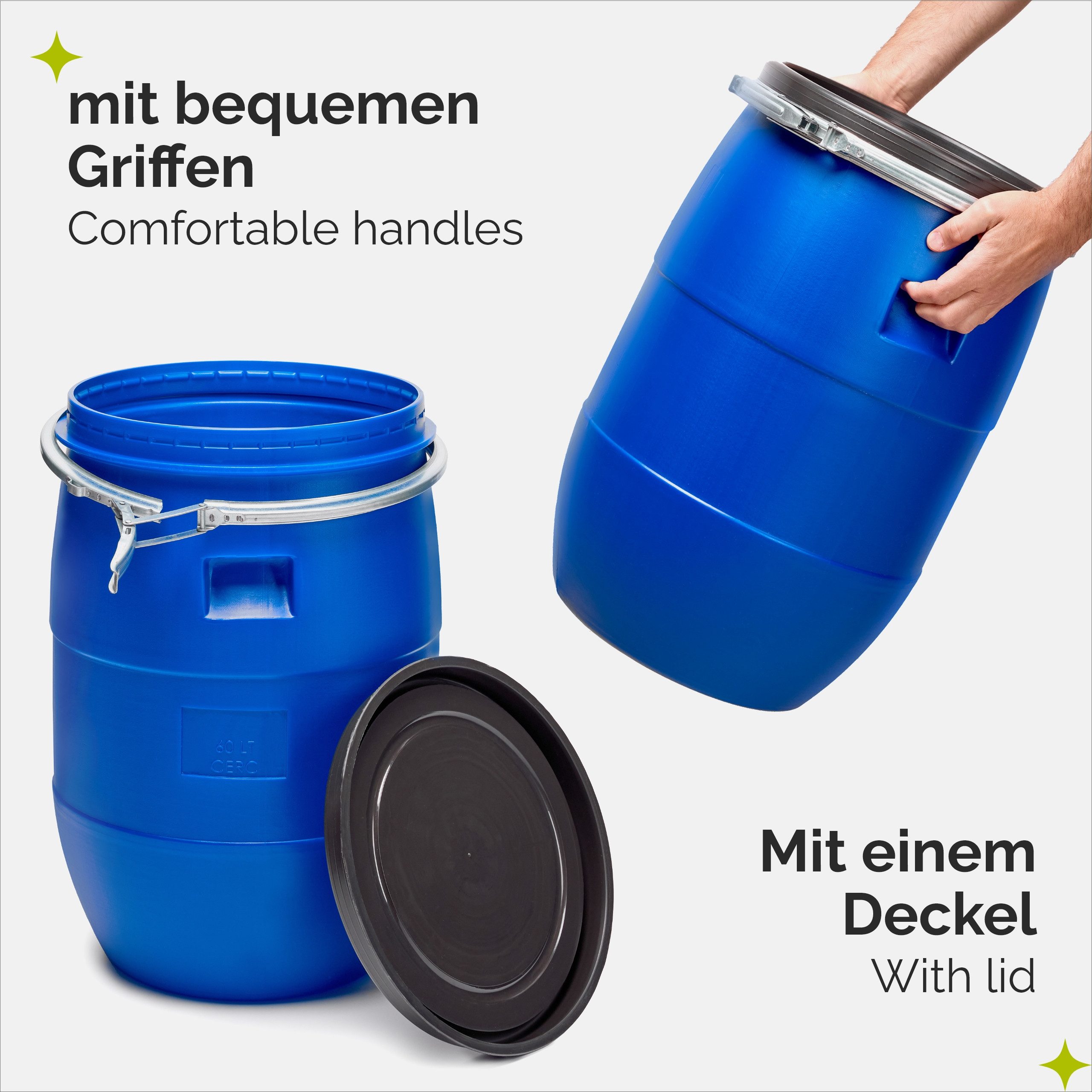 Garronda Regentonne Set 60 Liter Weithalsfass HDPE Lebensmittel Fass mit Deckel GD-0122, 60 l, (2-tlg), BPA-Frei – Bild 4 von 5