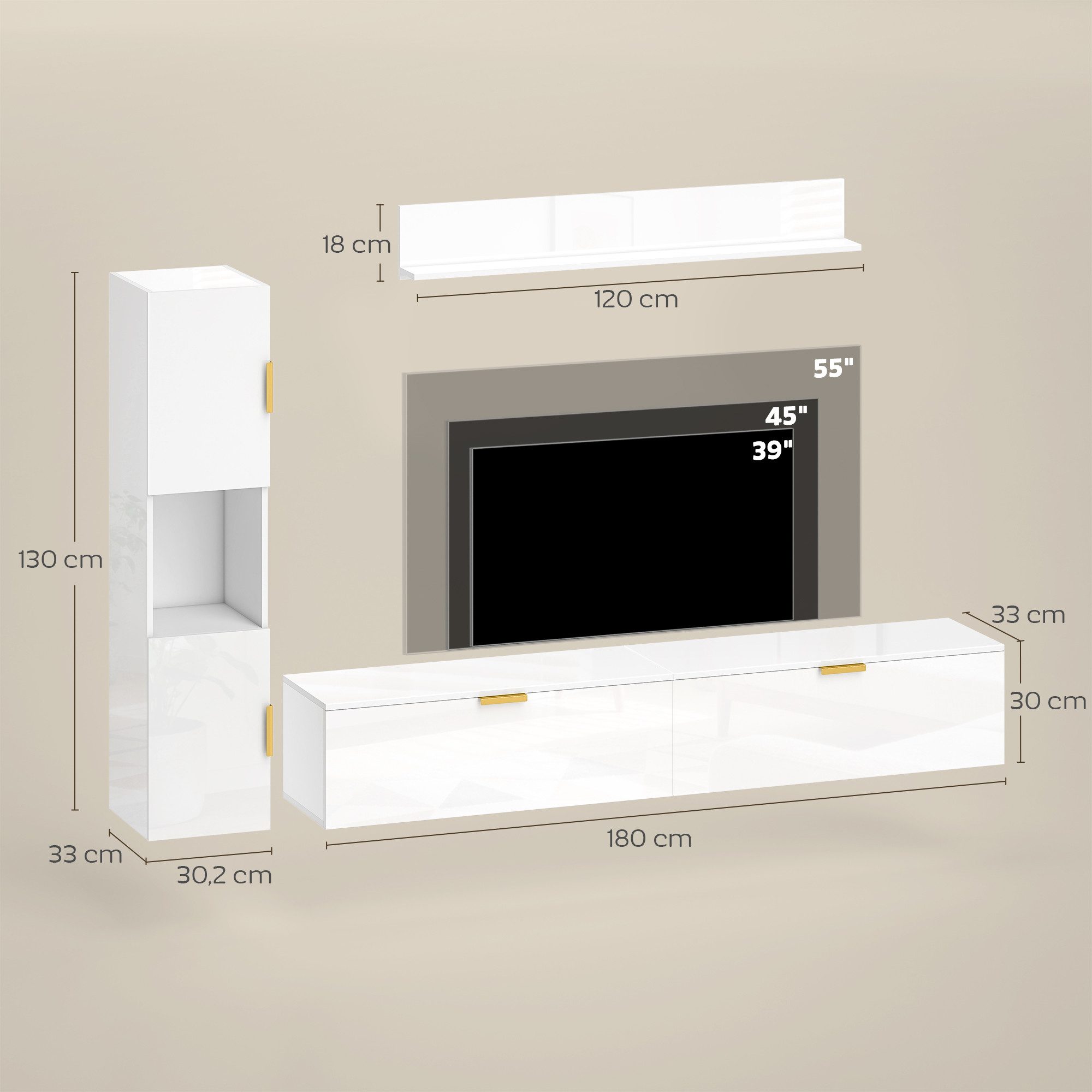 HOMCOM TV-Regal mit Wandregal und Aufbewahrungsschrank, Wohnwand Wohnzimmer 1-tlg., für Fernseher bis 55", Hochglanzweiß