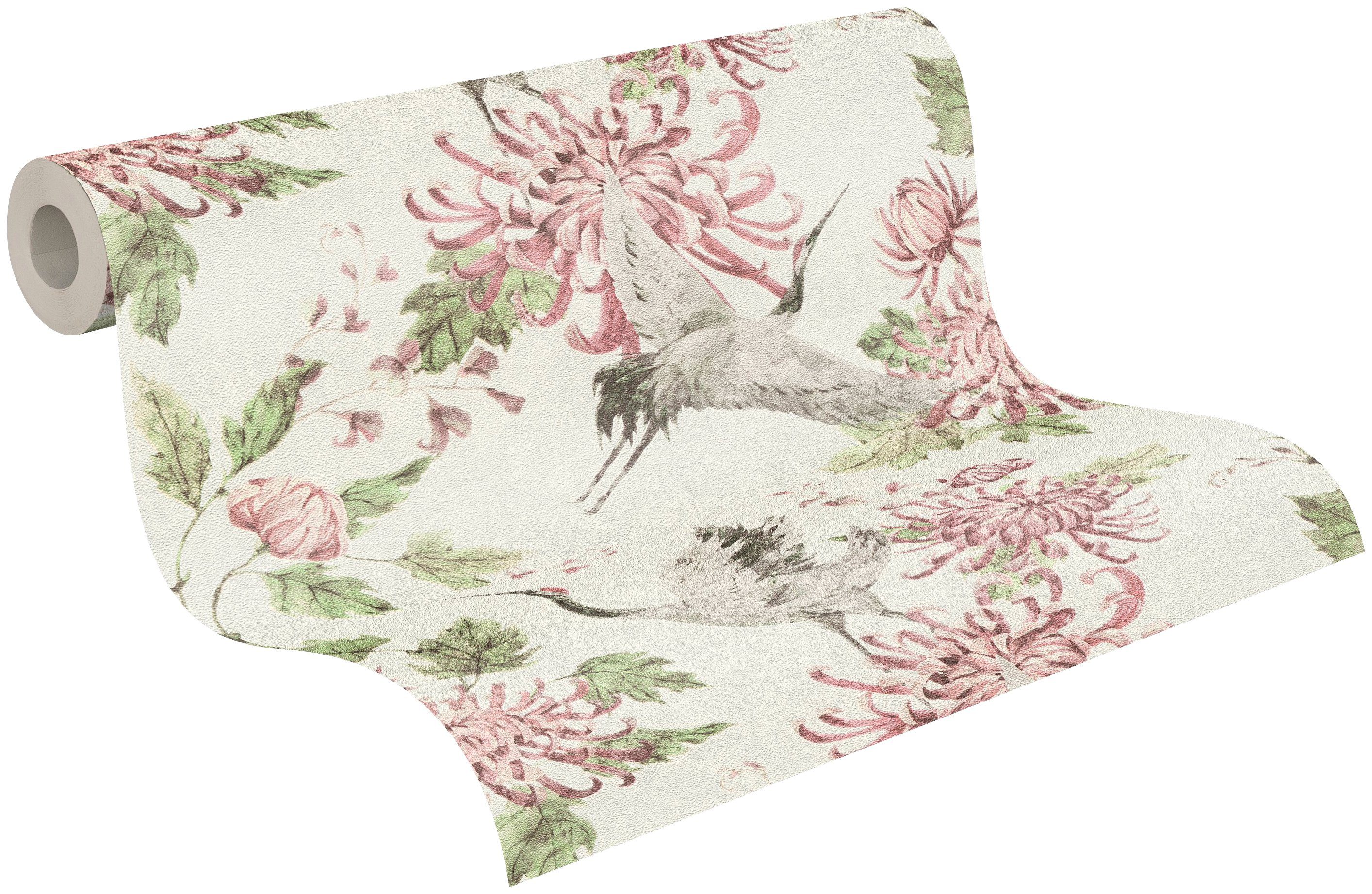print, Asian Tapete weiß/rose/grün Vogeltapete animal Fusion, A.S. floral, Création geprägt, Japanisch Vliestapete