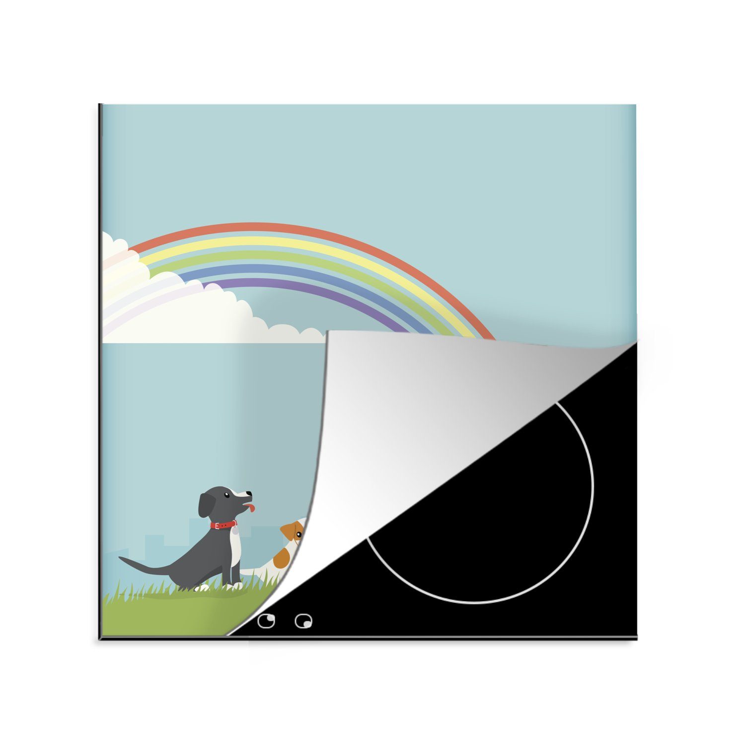 MuchoWow Herdblende-/Abdeckplatte Eine Illustration von zwei Hunden unter einem Regenbogen, Vinyl, (1 tlg), 78x78 cm, Ceranfeldabdeckung, Arbeitsplatte für küche