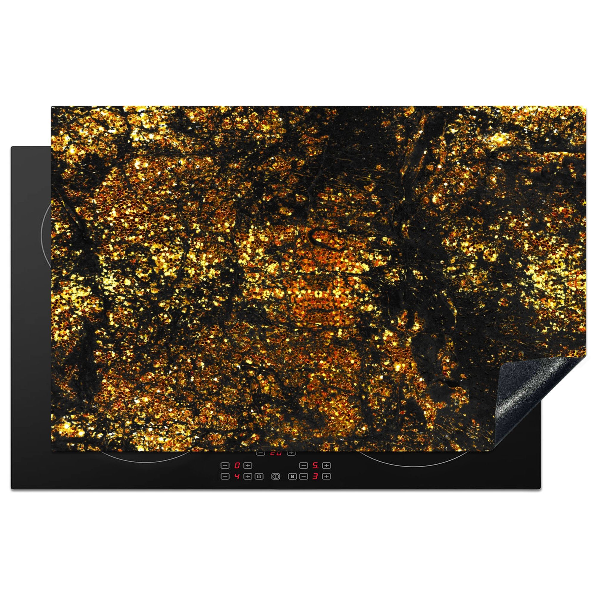 MuchoWow Herdblende-/Abdeckplatte Marmor - Glitzer - Gold, Vinyl, (1 tlg), 81x52 cm, Induktionskochfeld Schutz für die küche, Ceranfeldabdeckung