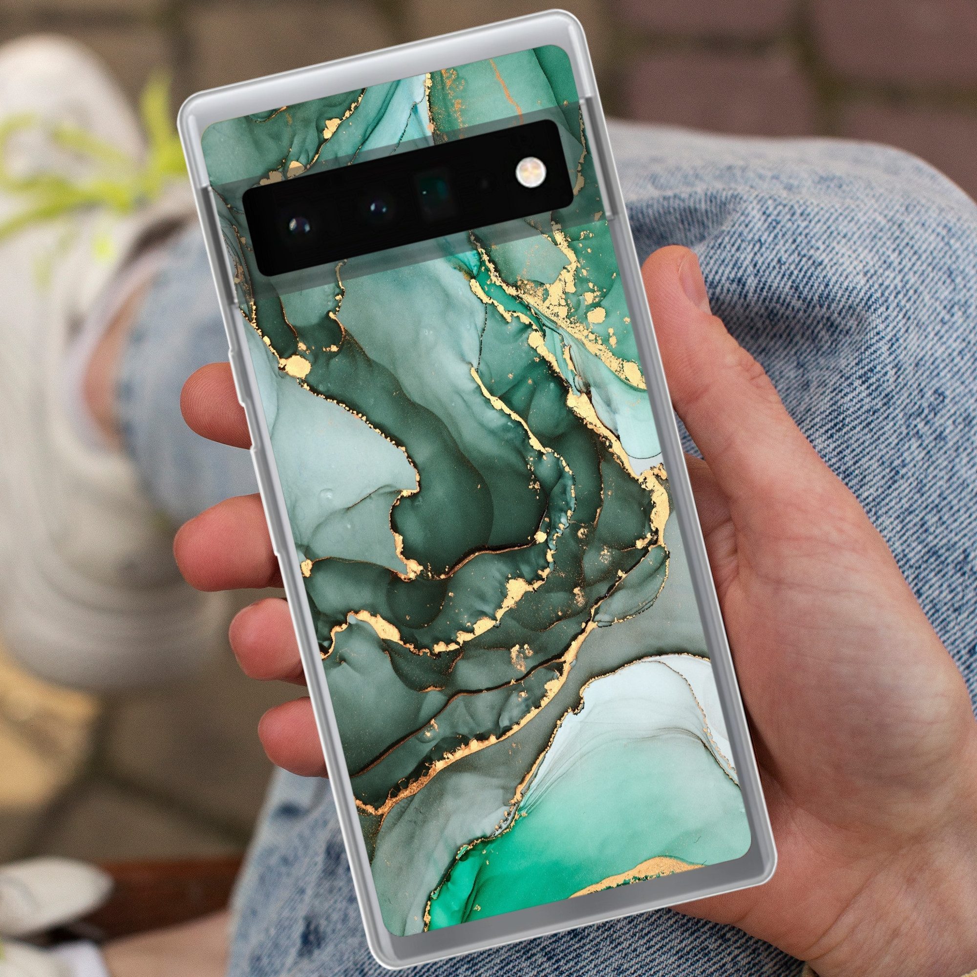 MuchoWow Handyhülle für Google Pixel 6 Pro Gold - Marmor - Grün - Luxus - Marmoroptik - Gr, Handy Case, Silikon, Bumper Case Dünn