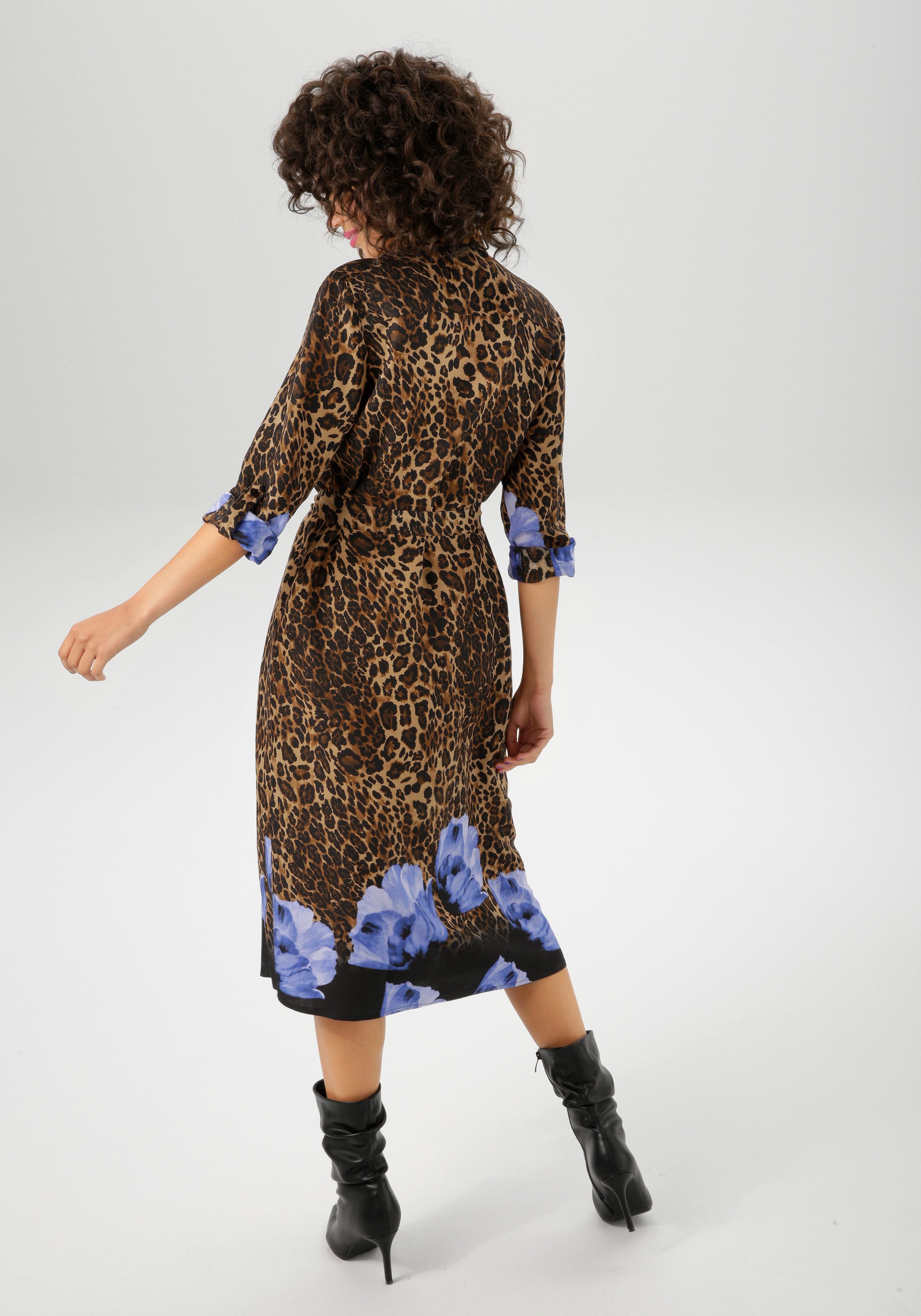 Aniston CASUAL Blusenkleid (mit abnehmbarem Bindegürtel) mit Blüten-Bordüre und Leo-Print