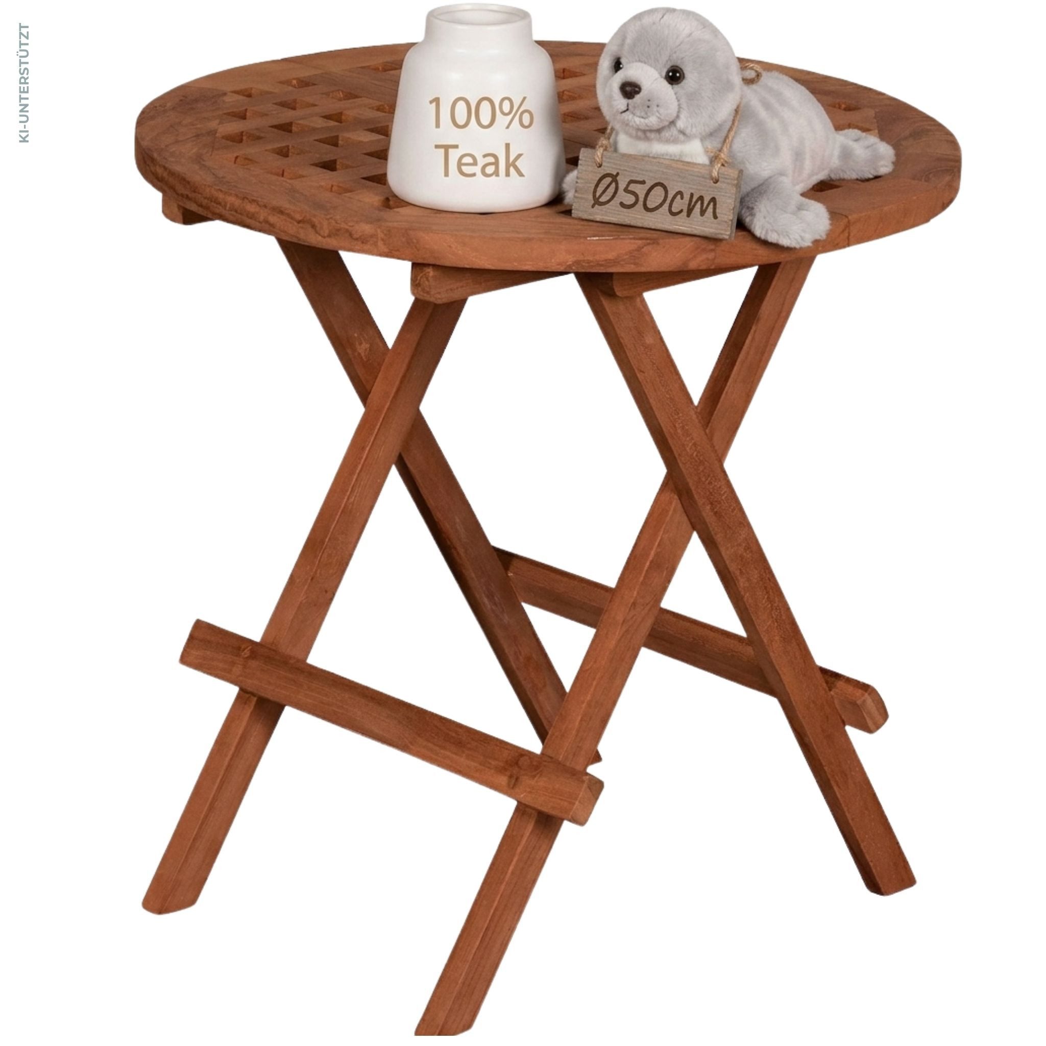 MR.DEKO Beistelltisch Dorset Teakholz rund Ø50 cm natur klappbarer Beistelltisch wetterfest (Ideal zu Deckchairs kombinierbar – für drinnen & draußen geeignet, 1-St), Plantagen-Teak Holz– wetterfest, vielseitig, 51 cm hoch