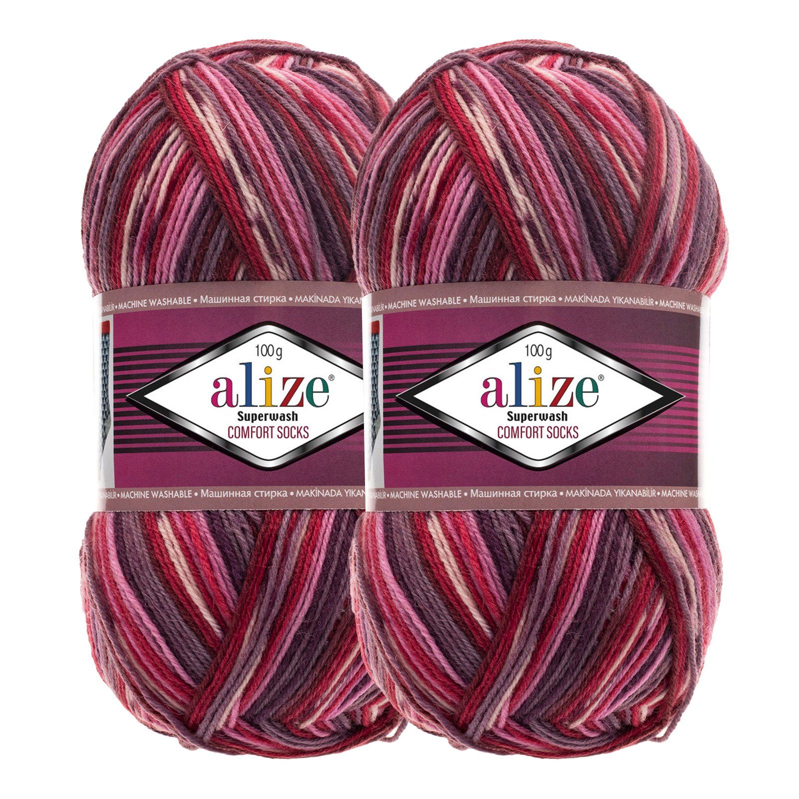 Alize 2 x 100g Sockenwolle Superwash Comfort Häkelwolle, 2698 rosa violett rot