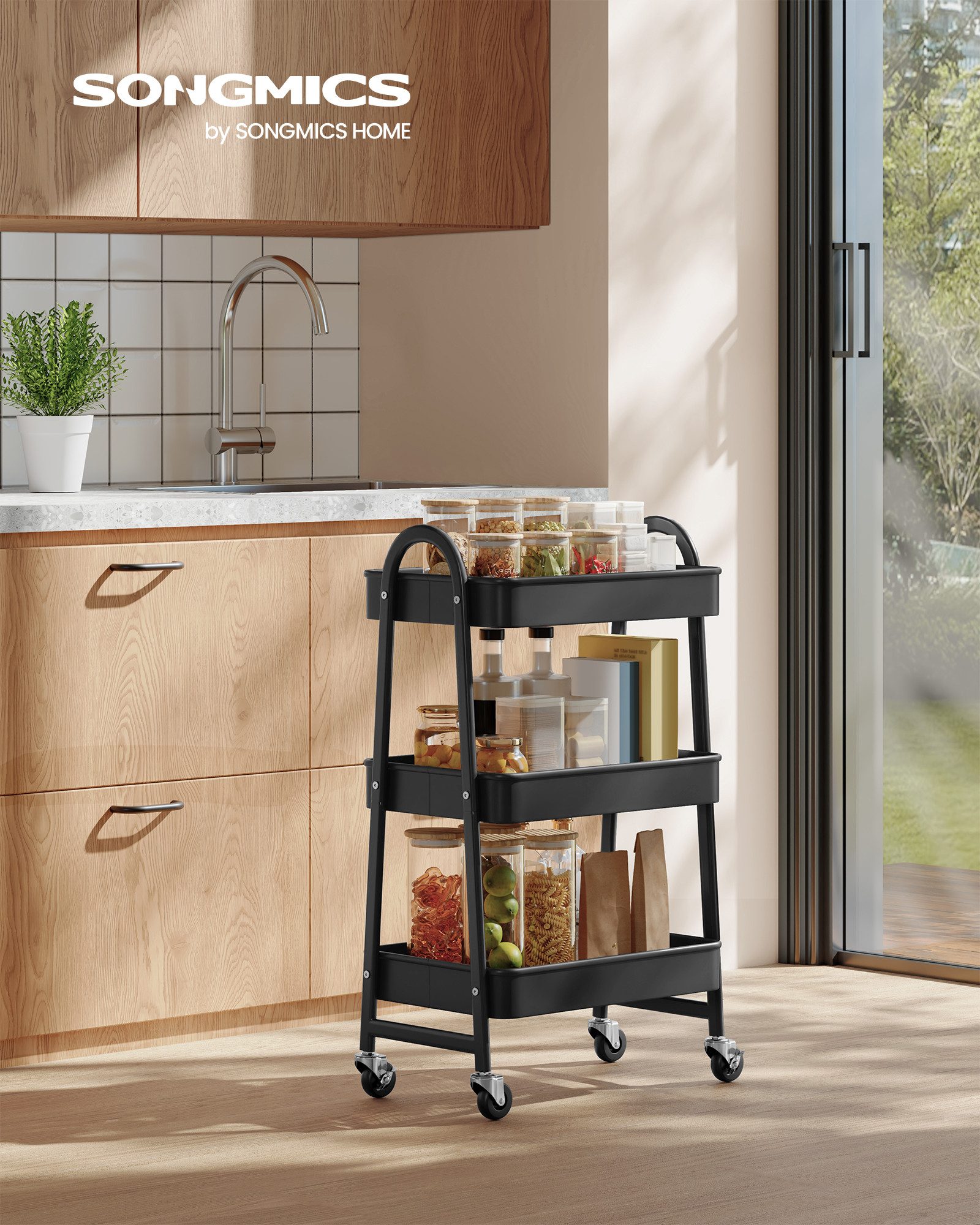 SONGMICS Servierwagen, Rollwagen mit 3 Ebenen, Servierwagen aus Metall, Küchenwagen