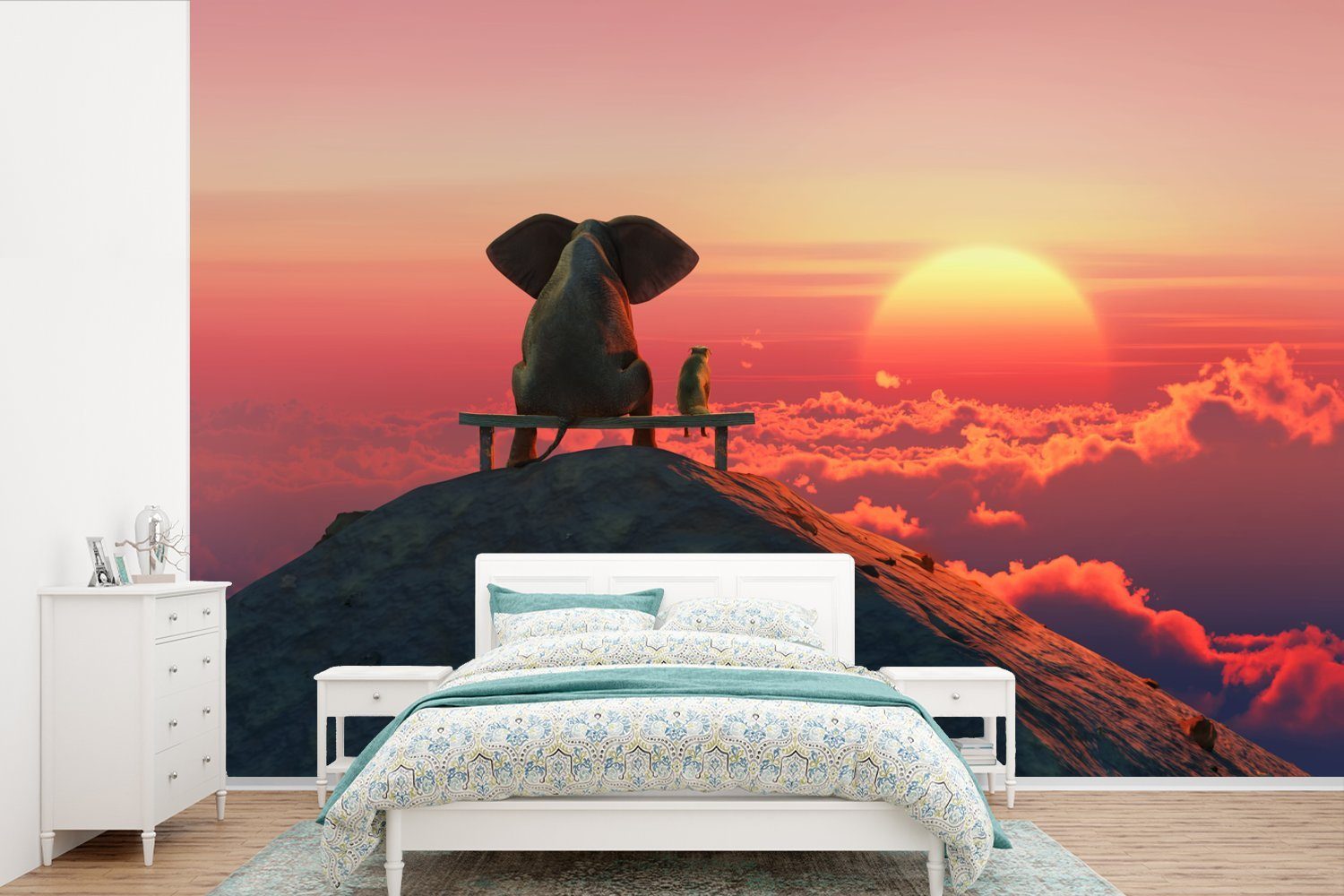 Elefant Fototapete Wallpaper Schlafzimmer, Vinyl Tapete - Berg, bedruckt, (6 Matt, - Kinderzimmer, St), Hund für Wohnzimmer, MuchoWow