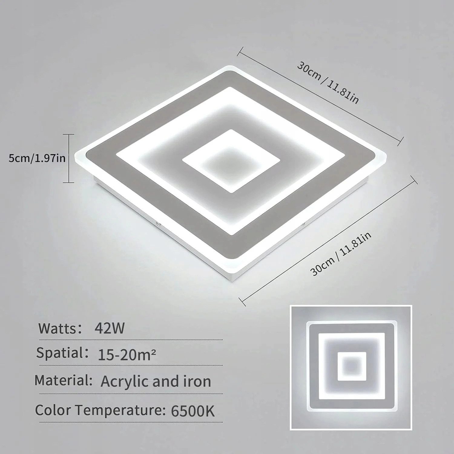 Riserva Deckenleuchten Ultraflache LED Deckenleuchte Quadrat 42W Tagesweiß Acrylglas, LED wechselbar