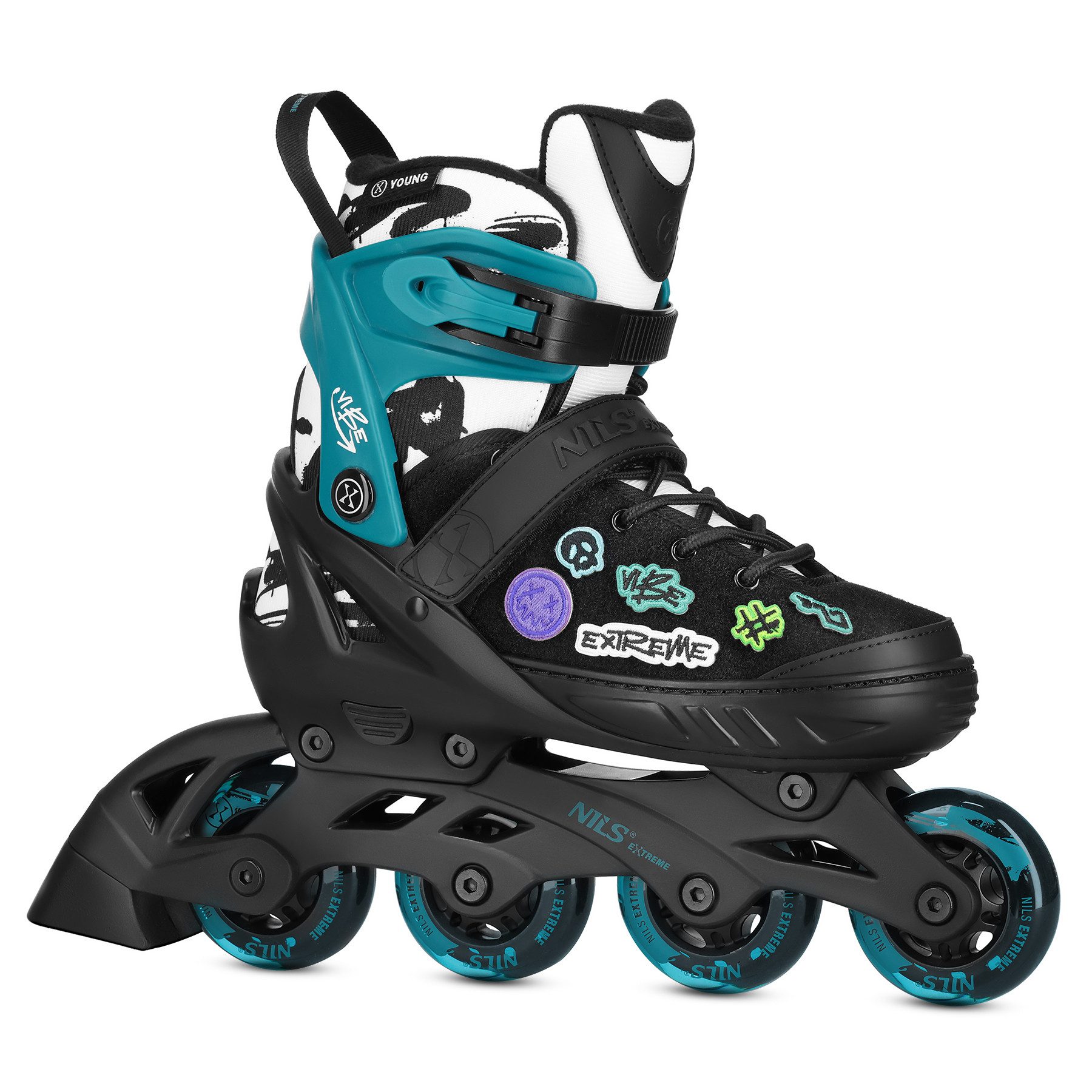 NILS EXTREME Inlineskates Inliner Vibe Inline Skates Blau 4 verstellbare Größen 29-43, Personalisierungssystem mit dekorativen Klettpatches