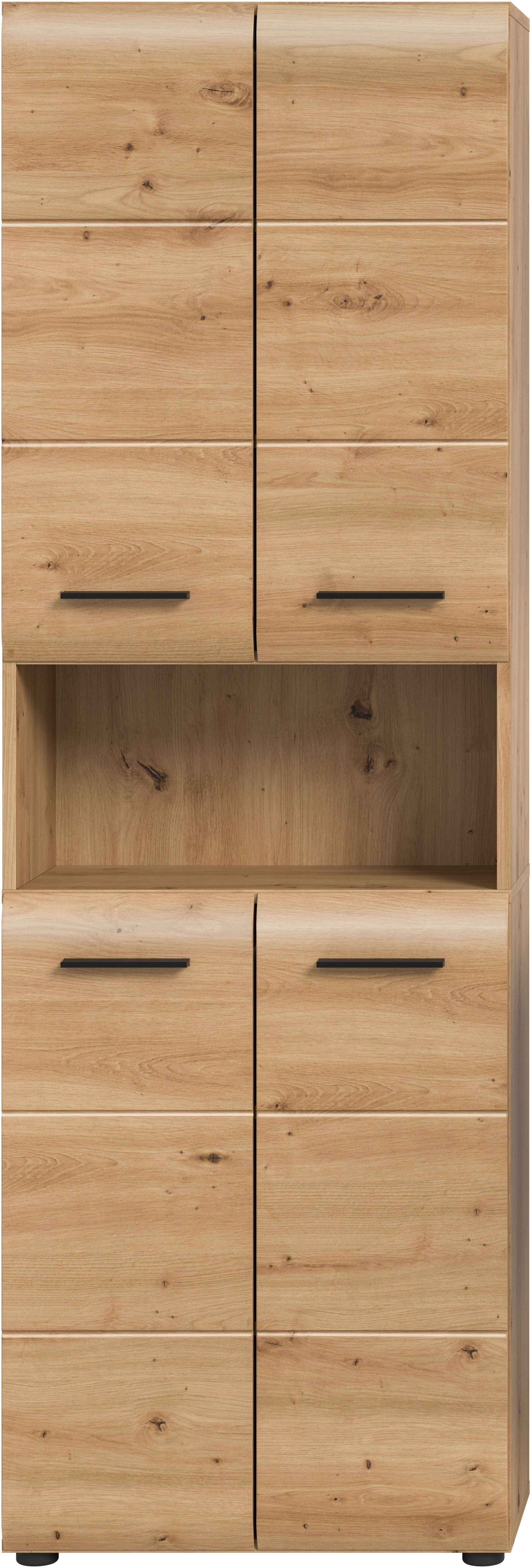 welltime Stauraumschrank FLORENZ, TOPSELLER!, Höhe 185 cm, 4 Türen, 4 Fachböden, 1 offenes Fach (1-St., TOPSELLER) hochwertige MDF Front, Griff schwarz, Badschrank, Bad
