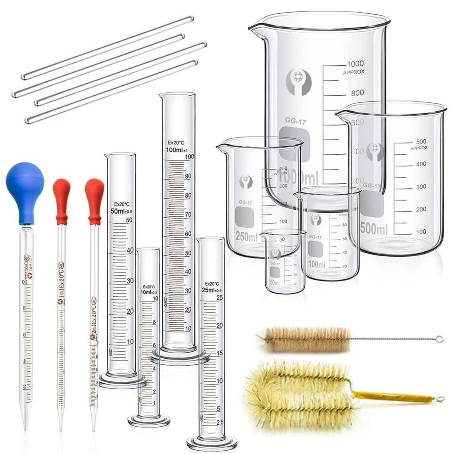 Gläser-Set Becherglas Zylinder Pipetten Set 5 Stück Graduiert 4 Glasmesszylinder