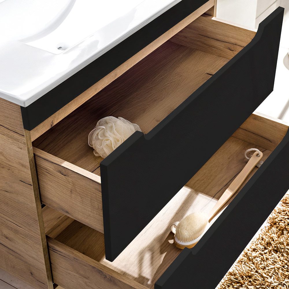 Lomadox Badmöbel-Set NEW-LUTON, (Spar-Set, 5-St), Wotan Eiche Nb. mit 80 cm Keramik-Waschtisch 180/200/46 cm