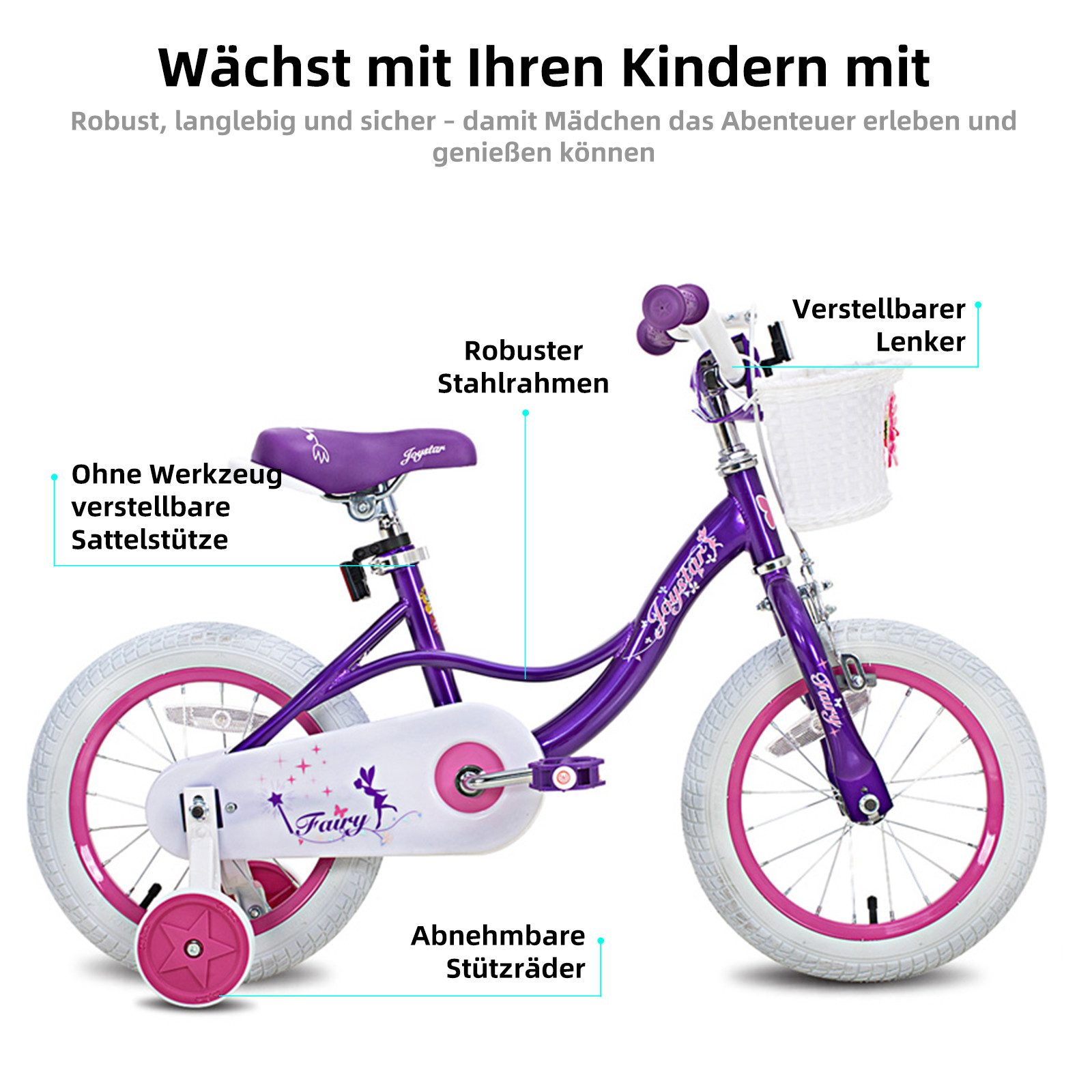 JOYSTAR Kinderfahrrad Mädchen Kinder Fahrrad für Kleinkinder und Kinder Alter 2-8 Jahre alt, mit Stützräder, Handbremse und Korb, Geschenke für Prinzessinnen
